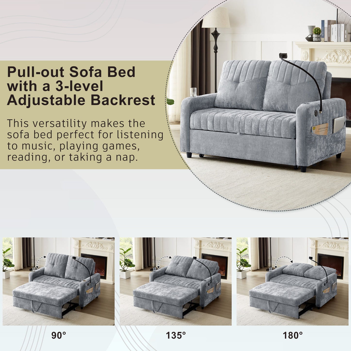 Modern Loveseat Pull Out Sofa Bed With Adjustable Backrest, Two Cup Holders, A Phone Holder, Three Charging Ports And Side Storage Pockets For Living Room - Gray