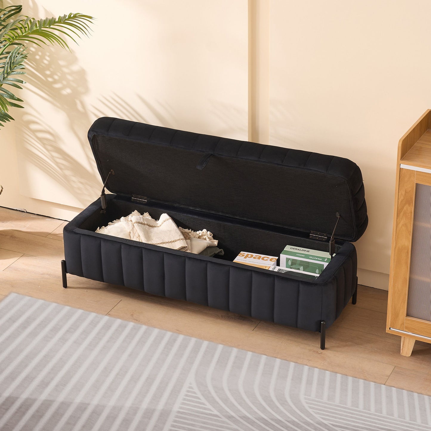 Wide Upholstered Velvet Storage Soft Bench Footstool Ottoman End Of Bed With Metal Legs, Foot Rest For Living Room, Entryway And Bedroom - Black