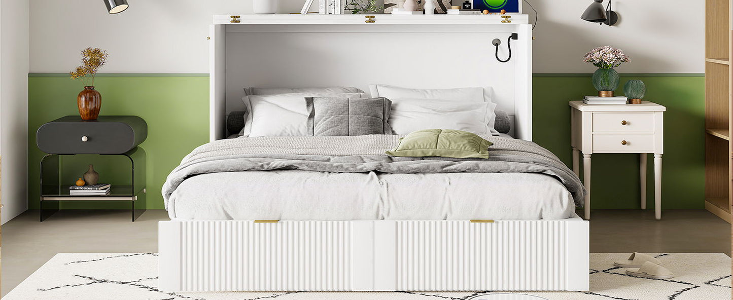 Full Size Murphy Bed With Drawer And A Set Of Sockets & USB Ports, Pulley Structure Design - White
