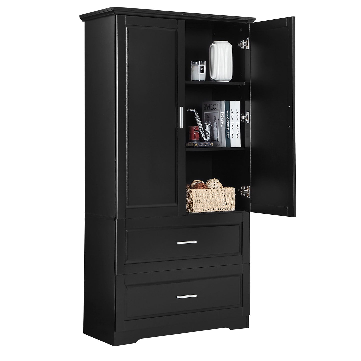 Tall Bathroom Storage Cabinet, Cabinet With 2 Doors And Drawers, Adjustable Shelf - Black