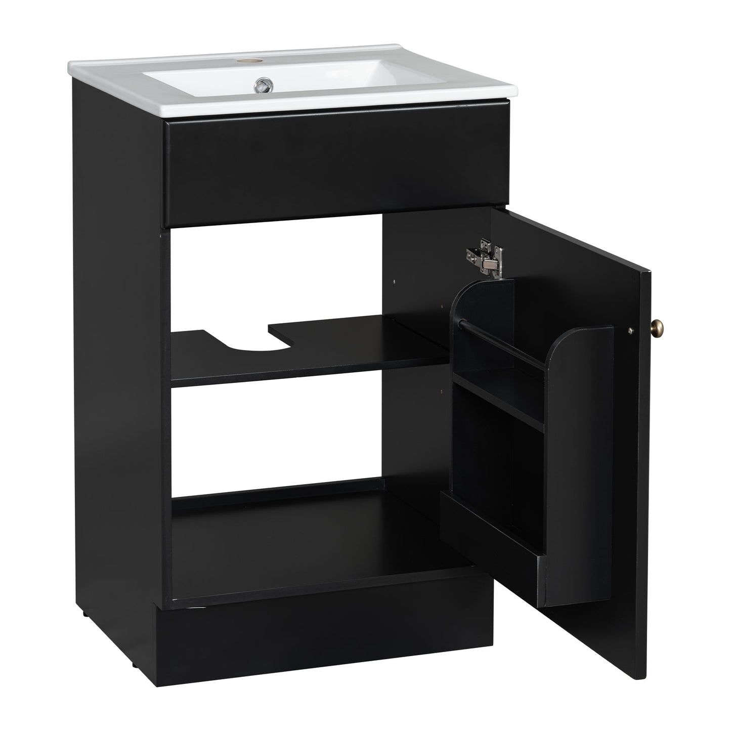 20" Bathroom Vanity With Sink, Freestanding Cabinet With Door Shelf And Adjustable Shelf, And Ceramic Construction - Black