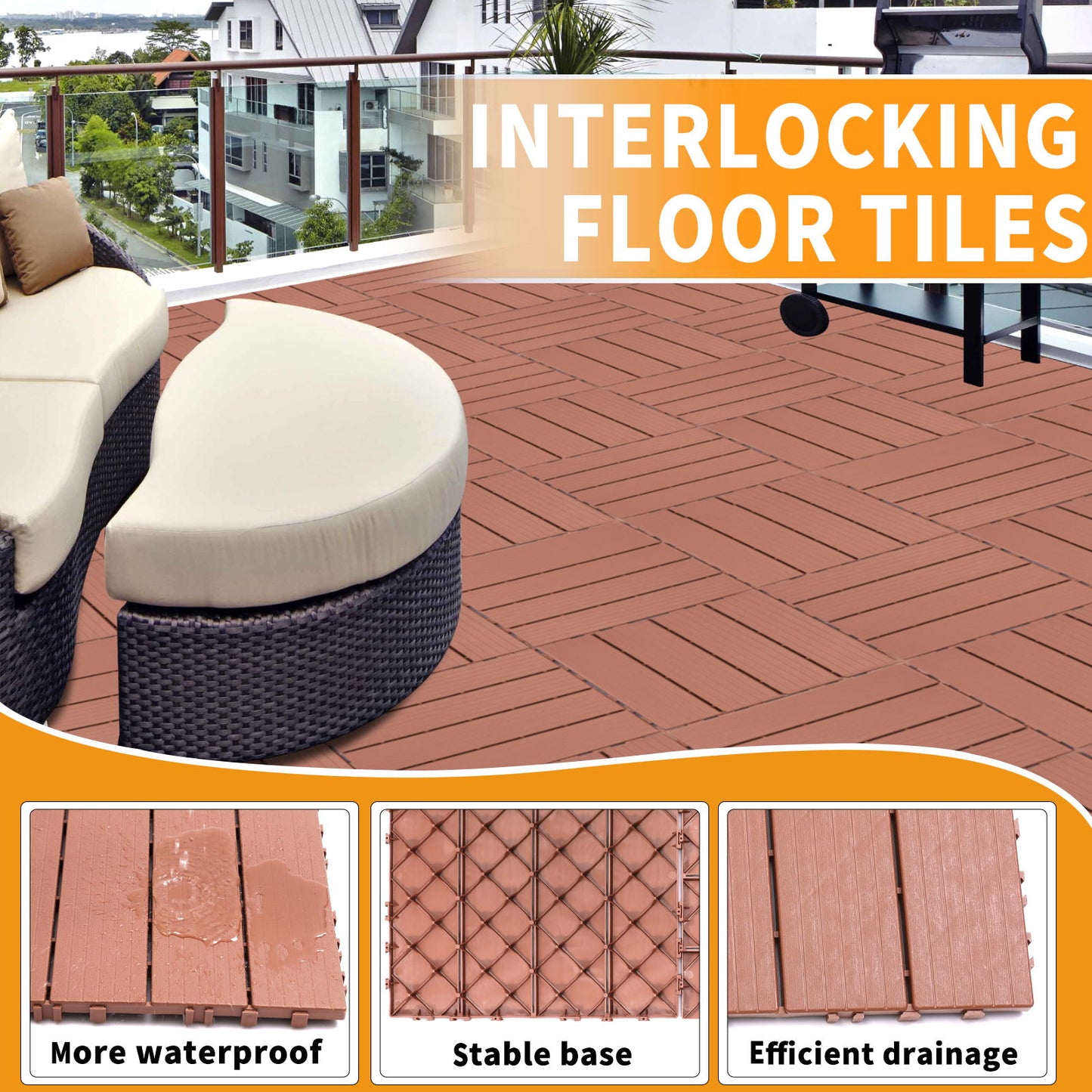 Plastic Interlocking Deck Tiles, (Set of 44), Patio Flooring Outdoor Waterproof All Weather Use For Garden Poolside Front / Back Yard - Mahogany