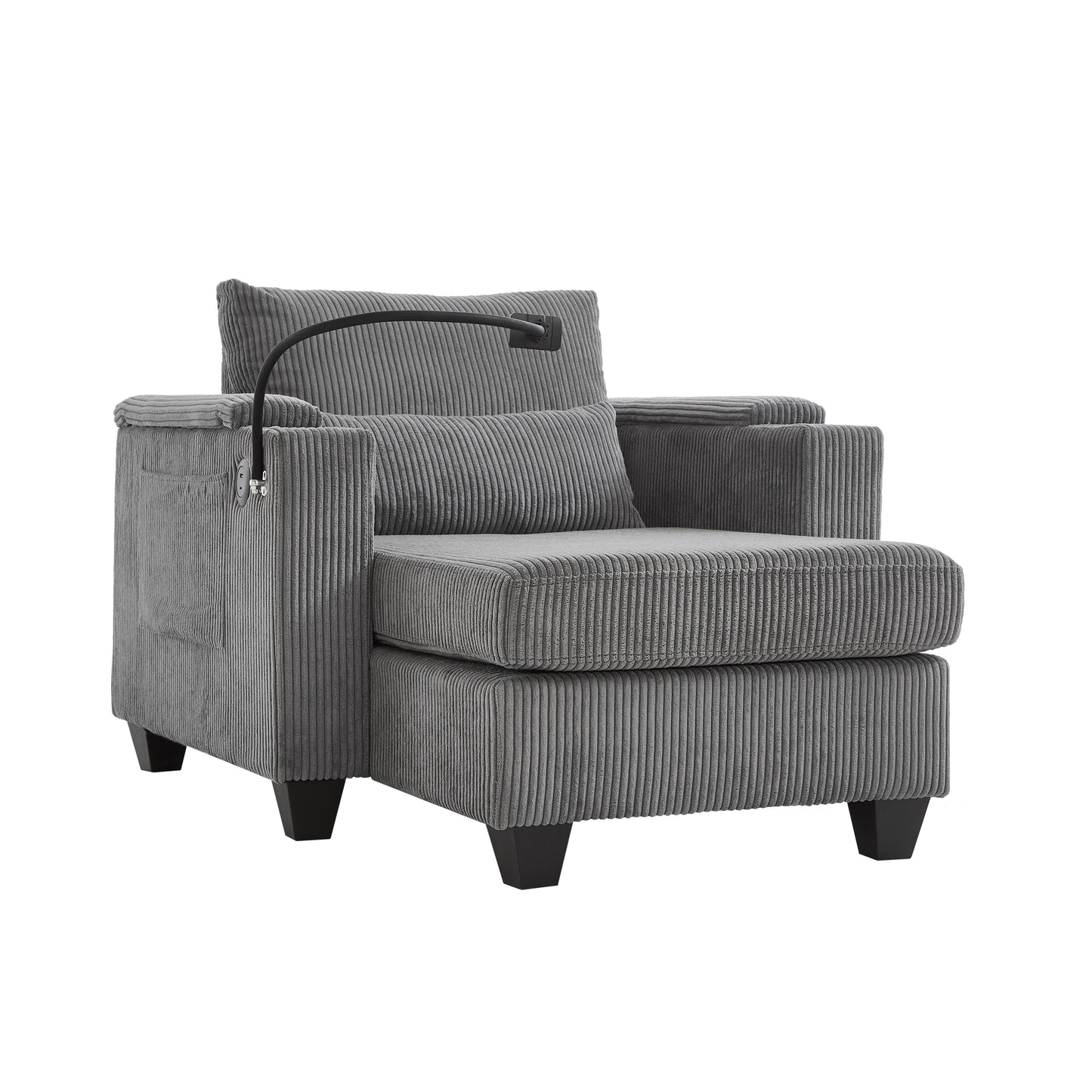 Convertible Chaise Lounge Sofa Chair Corduroy Sleeper With USB Ports, Cup Holders, Storage - Gray