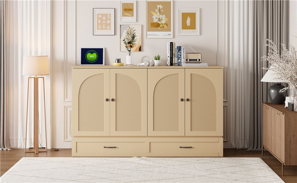 Queen Size Murphy Bed With Large Drawers, Gold