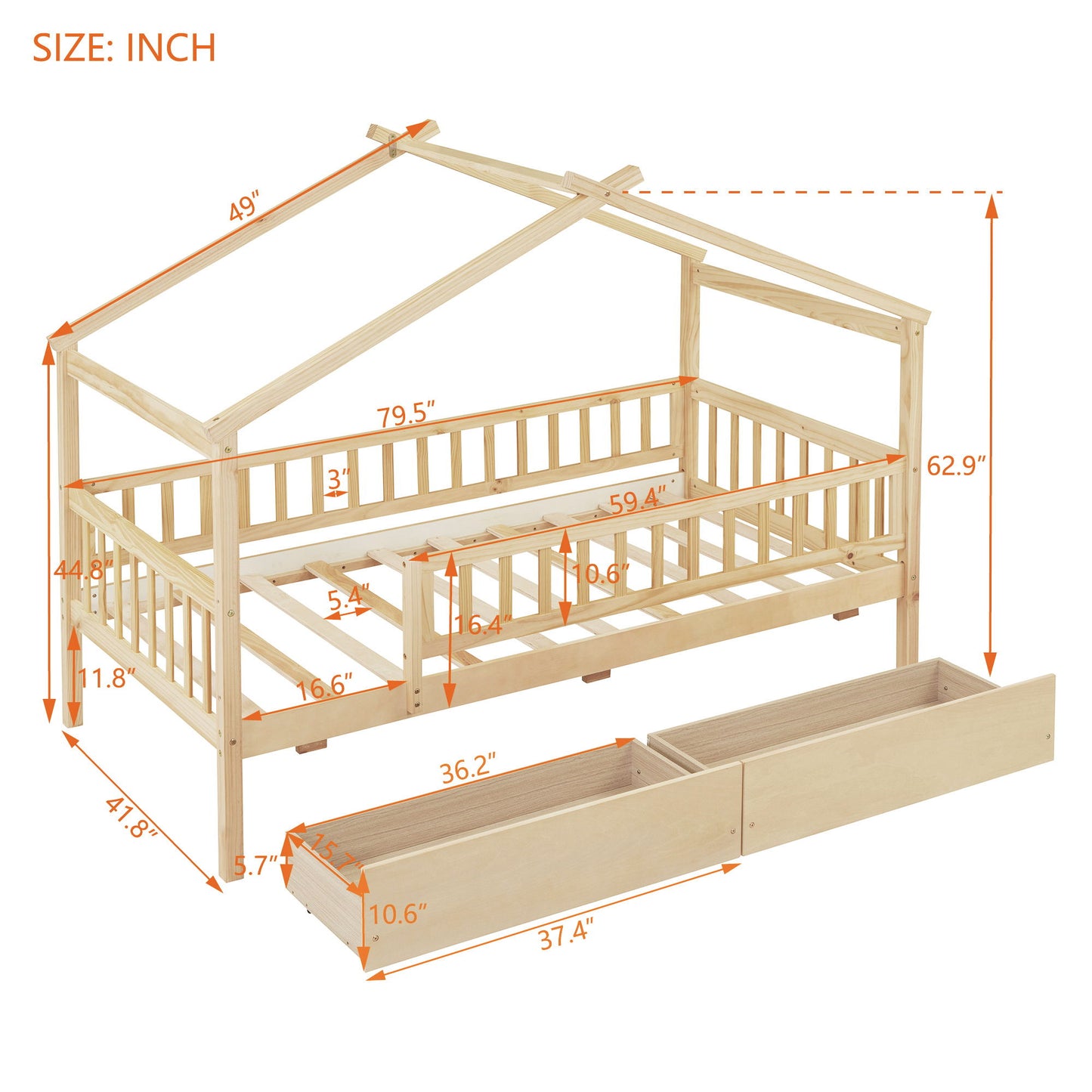 Twin Size House Bed With 2 Drawers - Natural