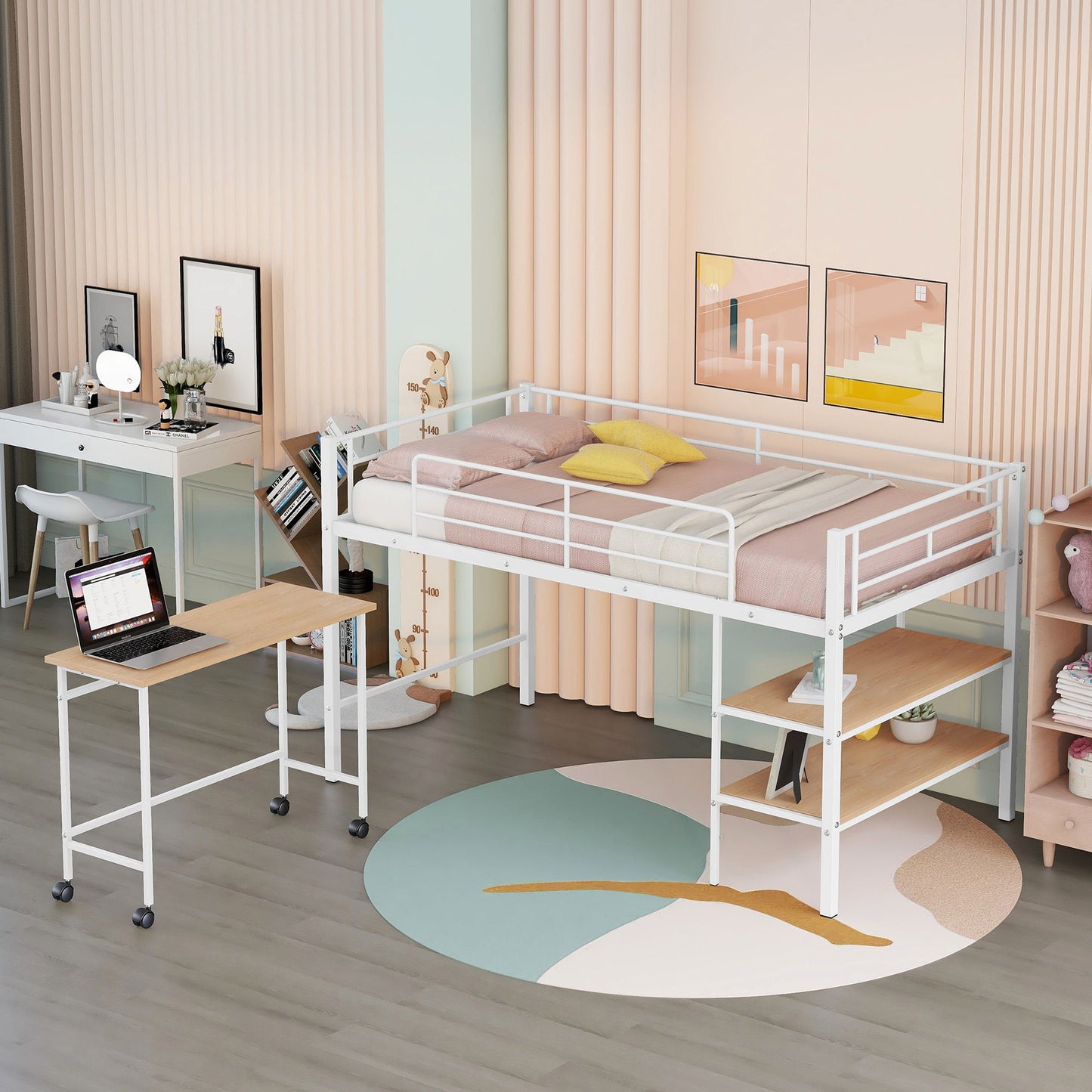 Twin Size Loft Bed With Desk And Shelves - White