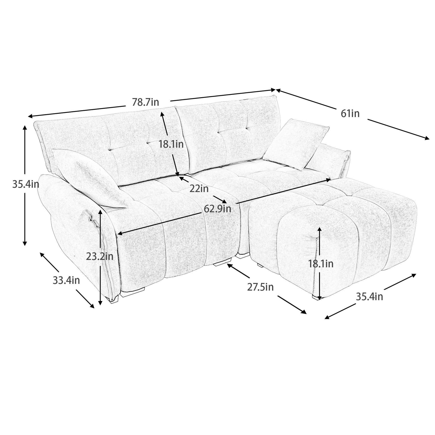 Modern Fabric 2 Seater Sofa With Ottoman Minimalist Design - White