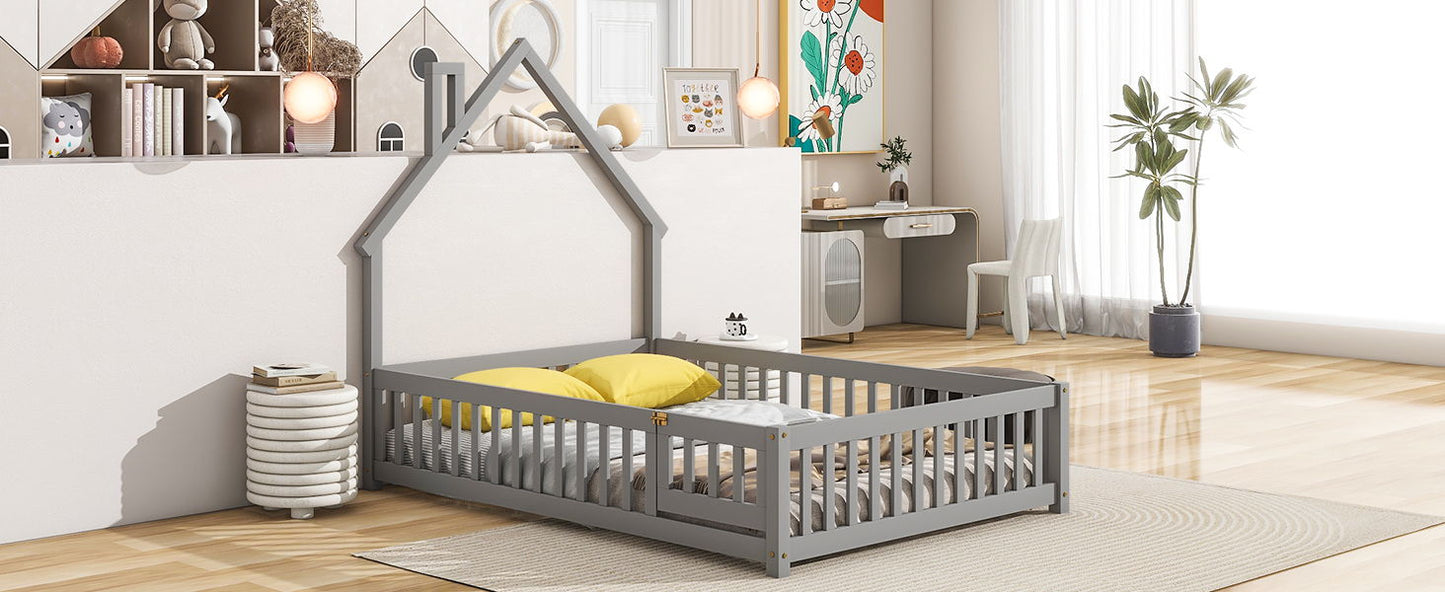 Full House-Shaped Headboard Floor Bed With Fence - Gray