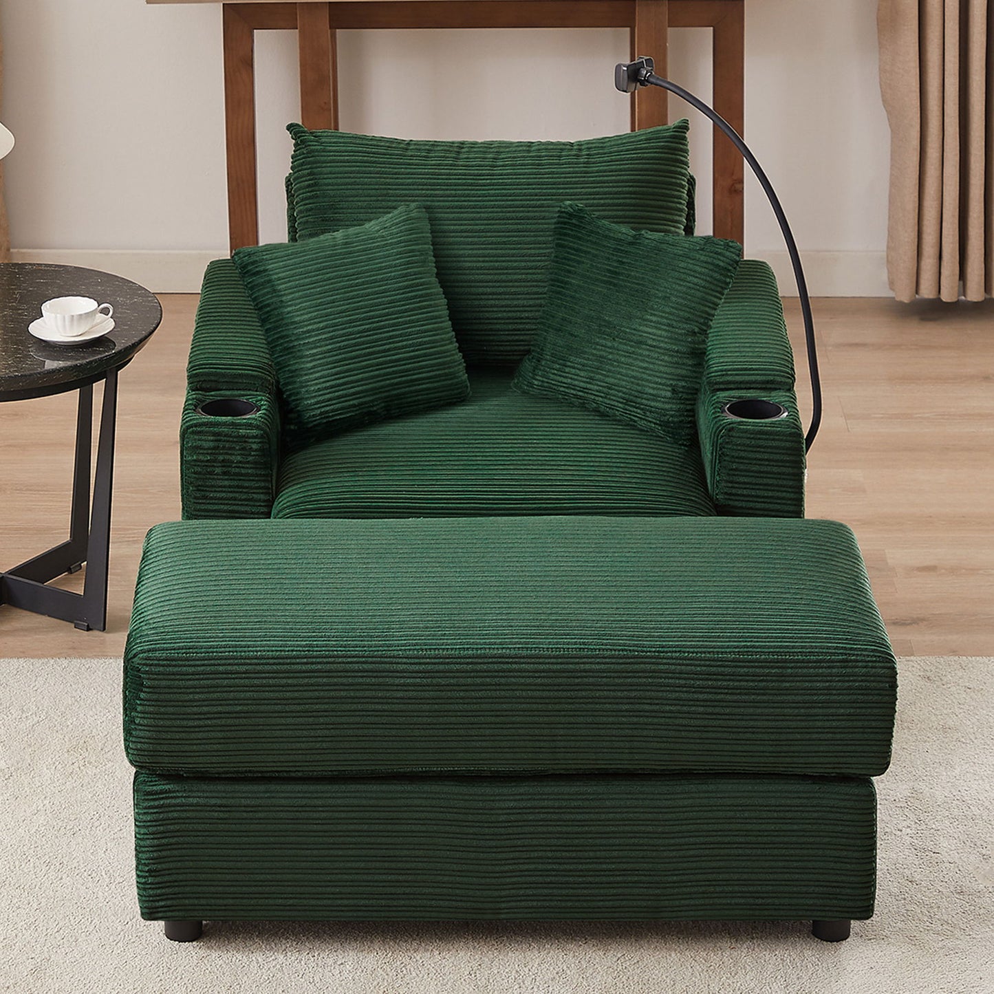 Modern Style Single Sofa Sofa Couch With Storage Space, A Movable Ottoman, Two USB Ports, Two Cup Holders, A Phone Holder For Living Room - Green