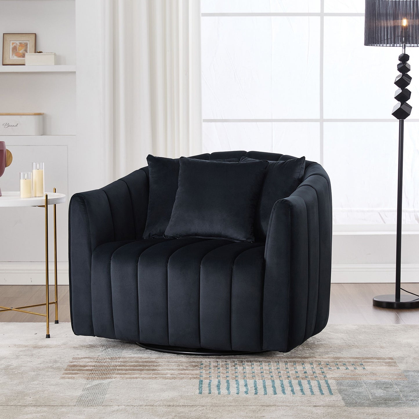 Upholstered Oversized 360 Degree Swivel Accent Barrel Chair And Half Cozy Sofa With 3 Pillows, Channel Tufted Pumpkin Shape Club Armchair For Living Room, Bedroom, Office, Lounge - Black