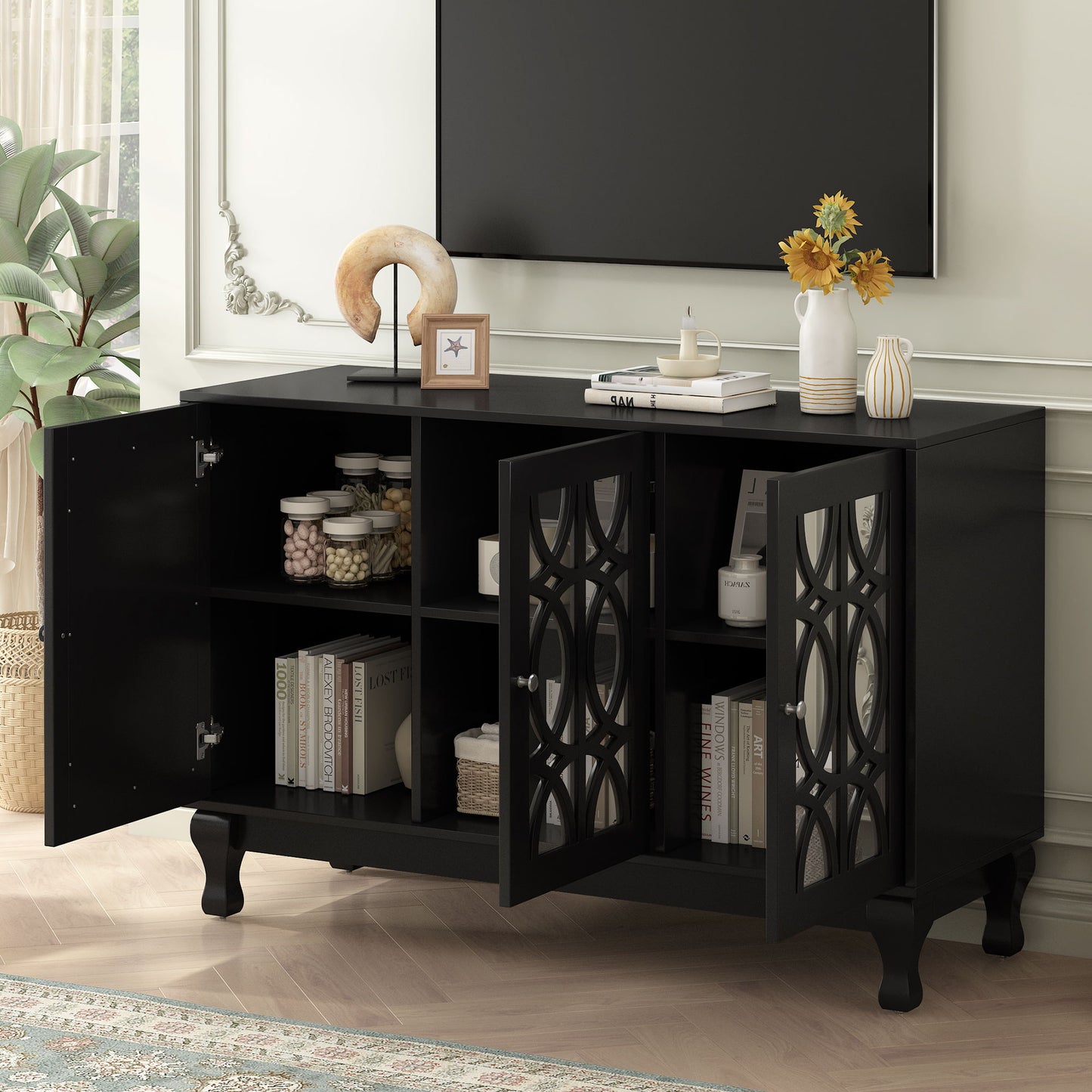 Modern Mirrored TV Stand For TV Up To 55", Entertainment Center Solid Wood Legs, Metal Handle And 3 Adjustable Shelves For Living Room - Black