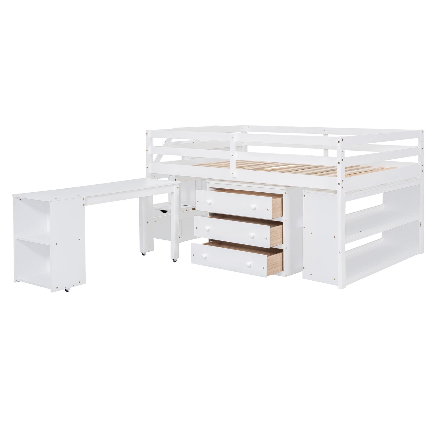 Full Size Loft Bed With Retractable Writing Desk And 3 Drawers With Storage Stairs And Shelves - White