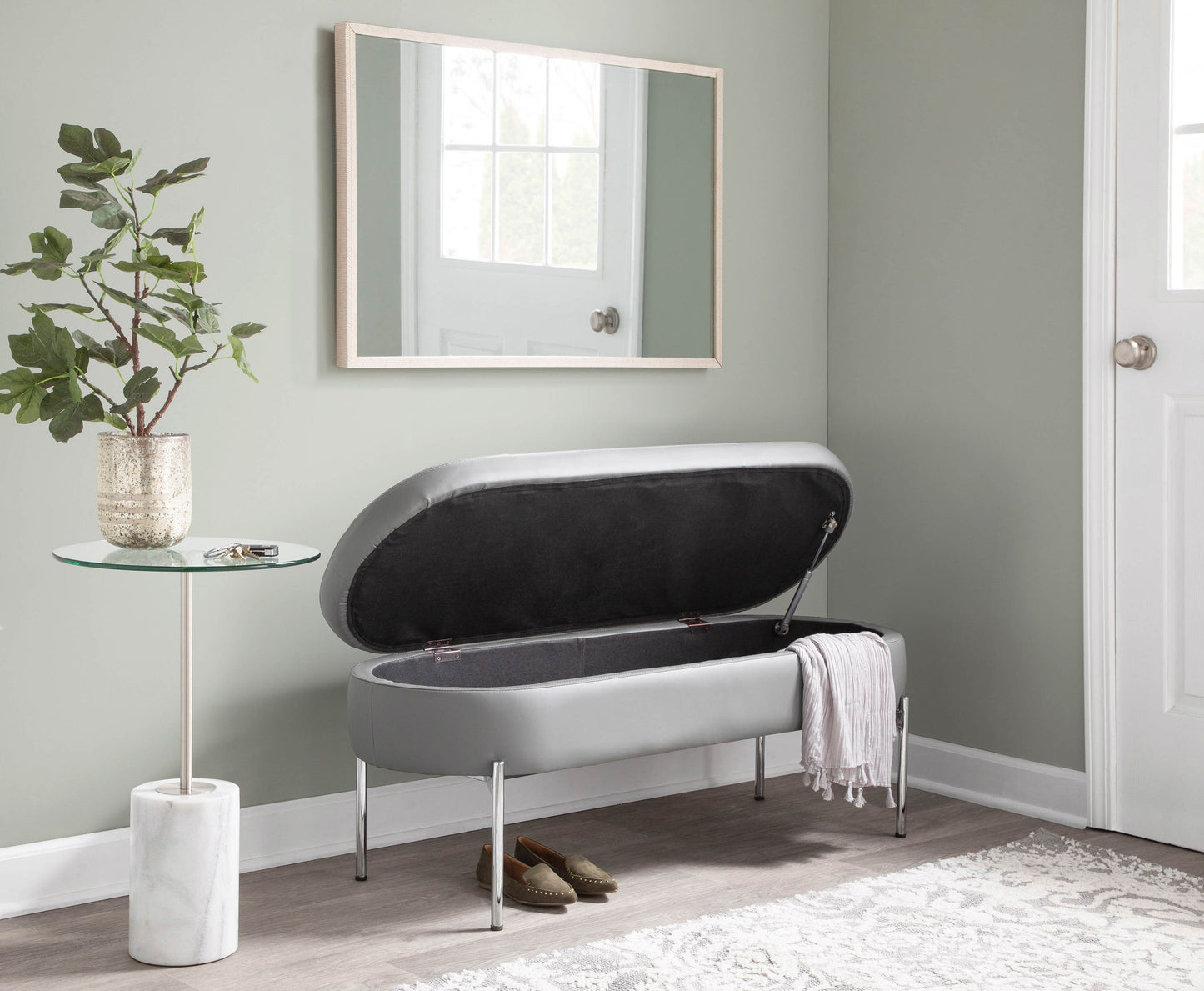 Chloe - Contemporary / Glam Storage Bench - Chrome / Gray