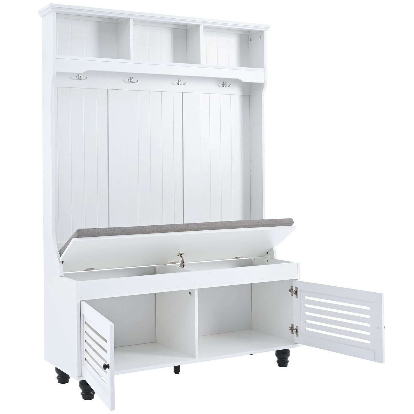 5 In 1 Entryway Bench With Shutter - Shaped Doors, Coat Rack, Cushion And 4 Sturdy Hooks, Wide Hall Tree With Storage Bench For Hallway, Entryway, Living Room - White