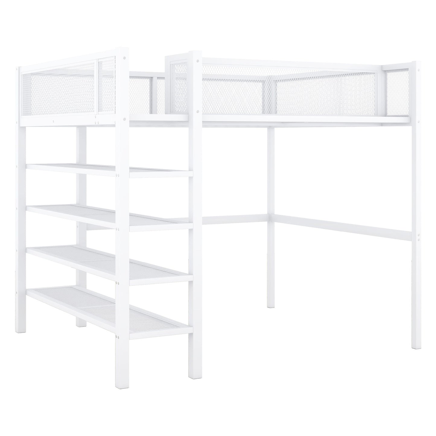 Full Size Loft Bed With 4 Tier Shelves And Storage - White