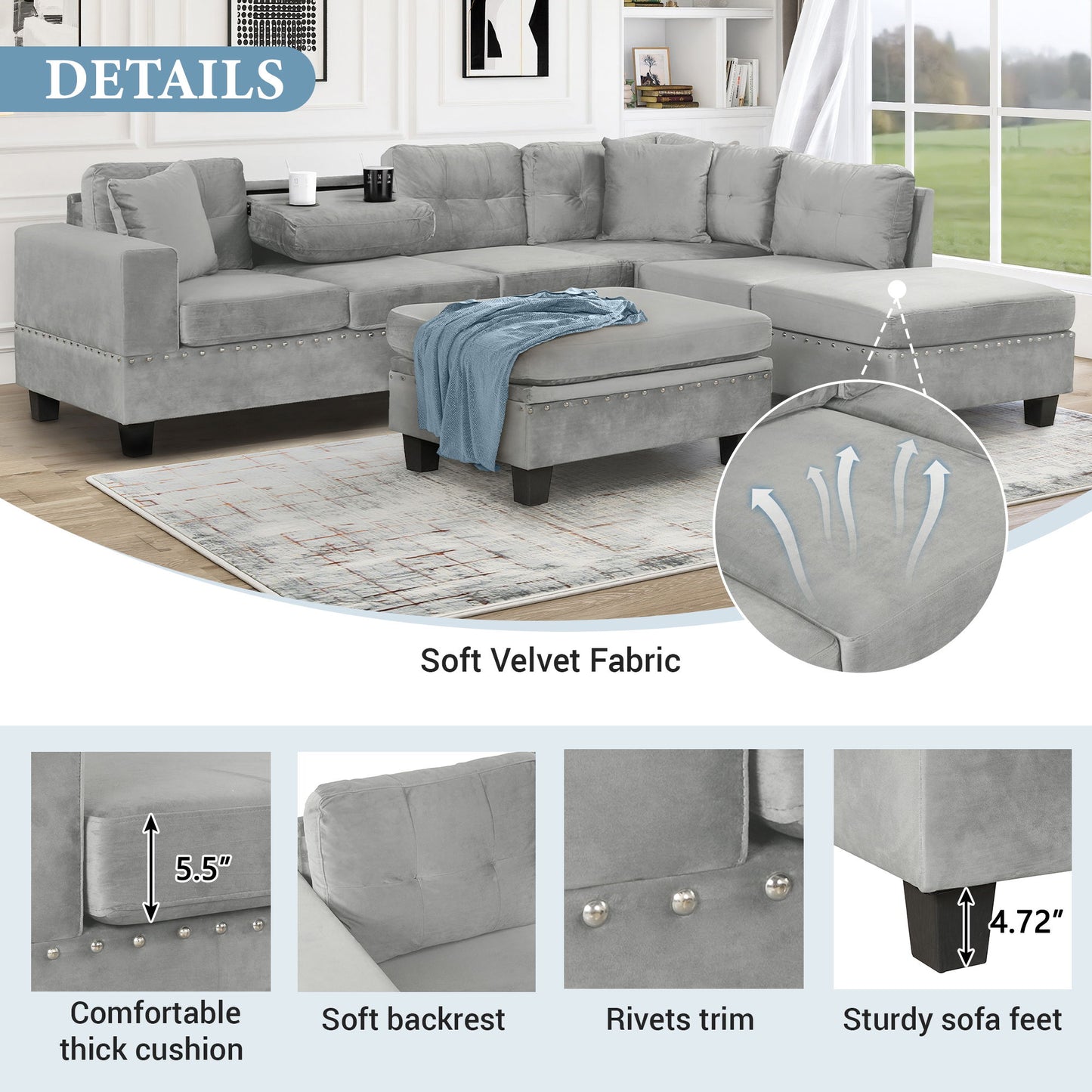 Modern Sectional Sofa With Storage Ottoman, L - Shape Couch With 2 Pillows And Cup Holders - Gray