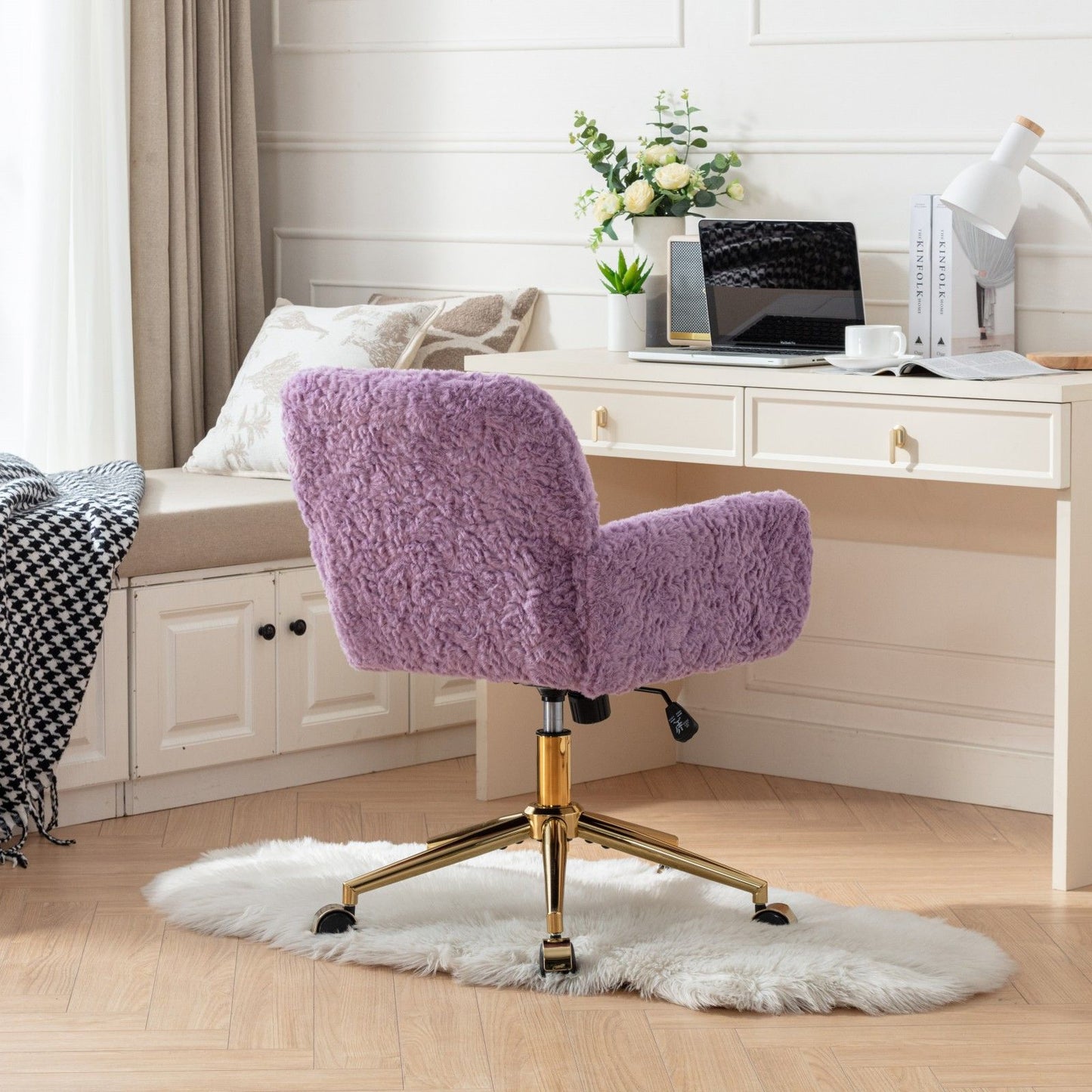 Office Chair, Artificial Rabbit Hair Home Office Chair With Golden Metal Base, Adjustable Desk Chair Swivel Office Chair, Vanity Chair - Violet