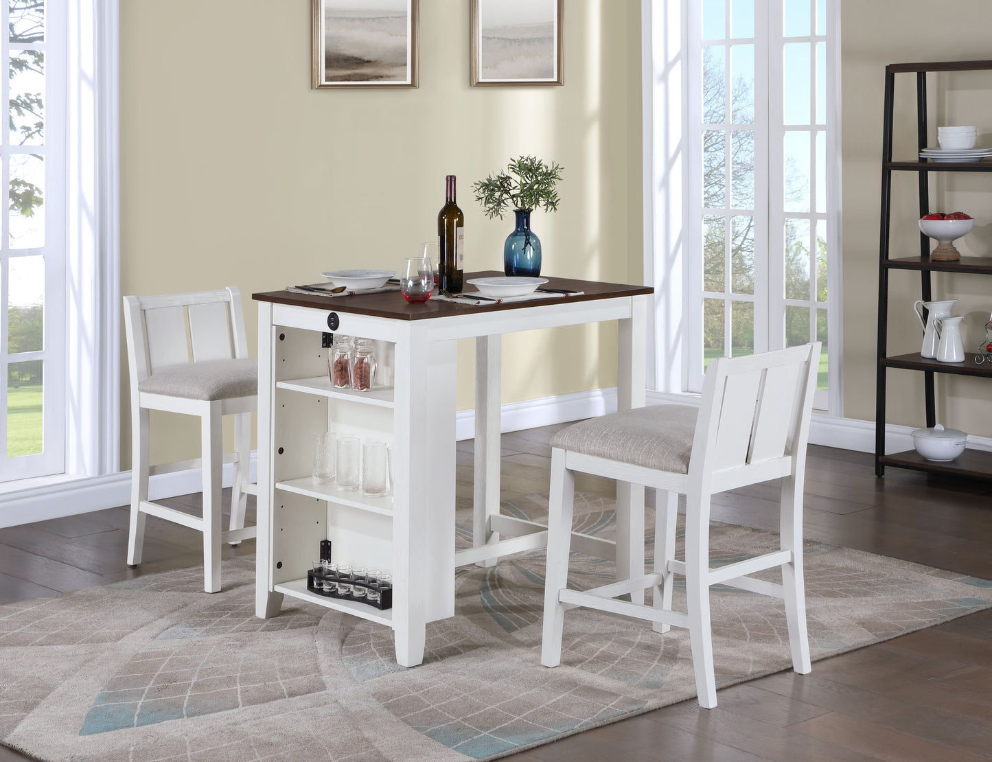 Graham - 3 Piece Small Space Counter Height Dining Table With Shelves And 2 Chairs (Set of 3) - White Finish