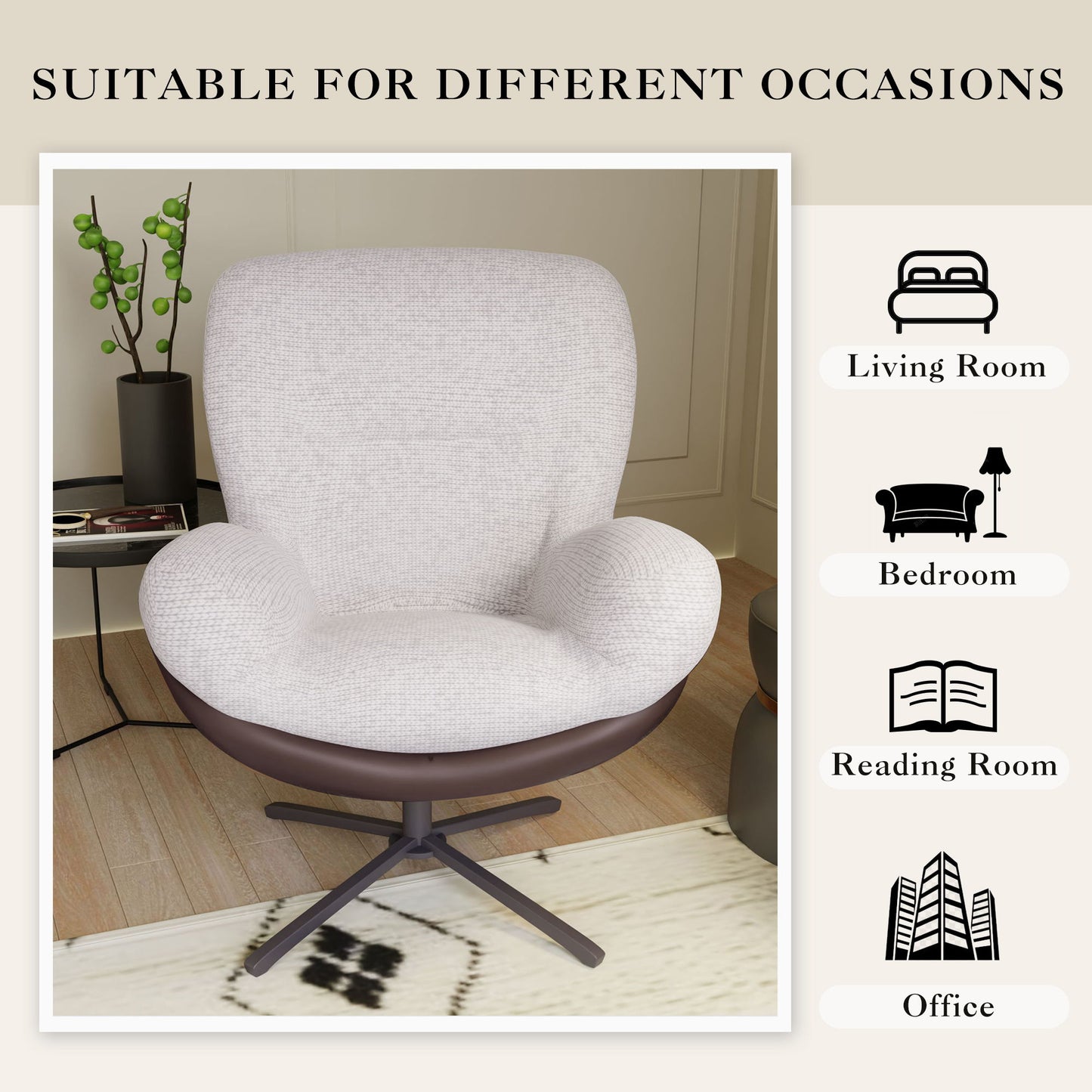 360ÔøΩÔøΩ Swivel Office Chair, Modern Chenille Chair With And Metal Base Frame, No Wheels, Accent Chair - White