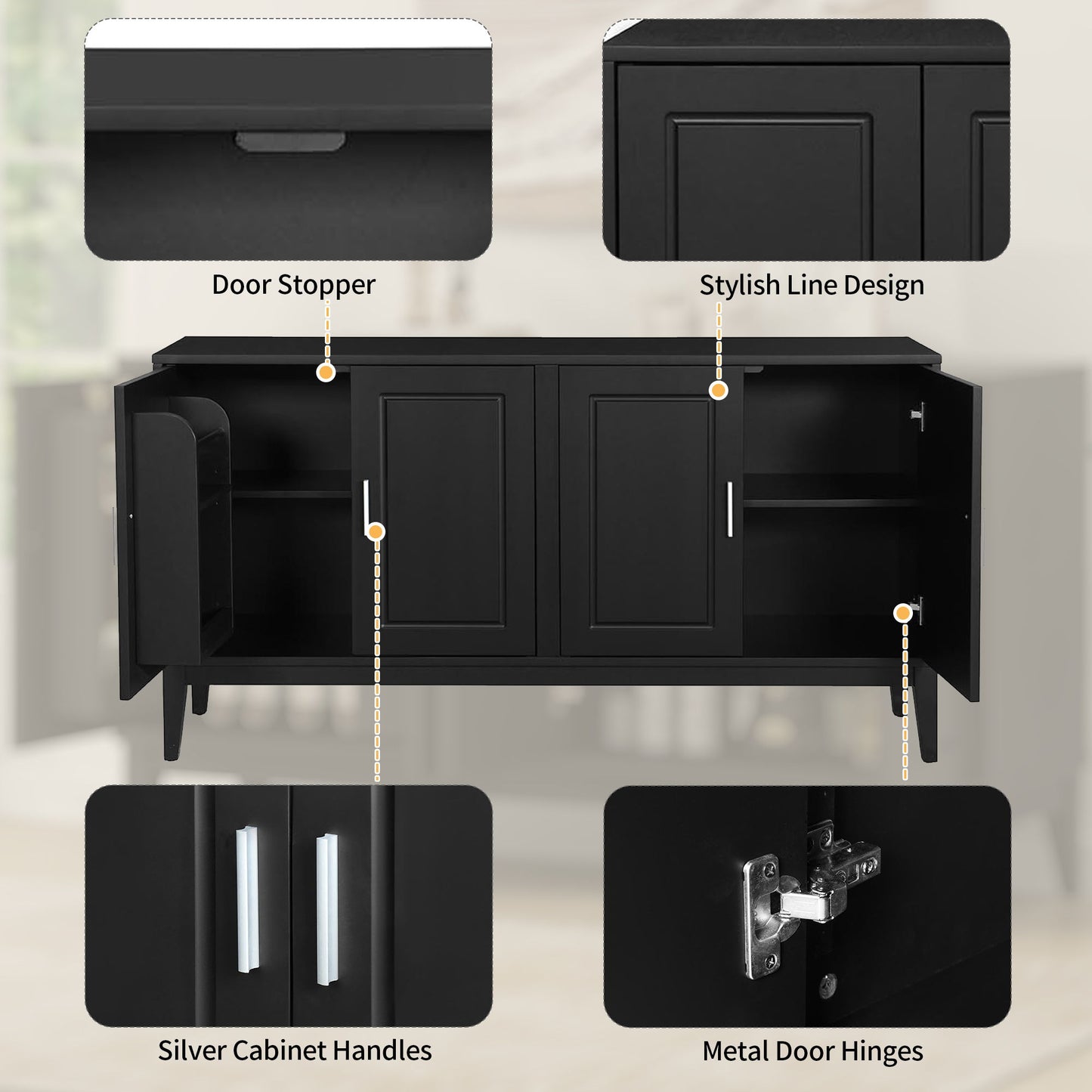 4 Door Sideboard Storage Cabinet With Door Shelf For Living Room And Dining Room, 2 Large Cabinets With Adjustable Shelf - Black