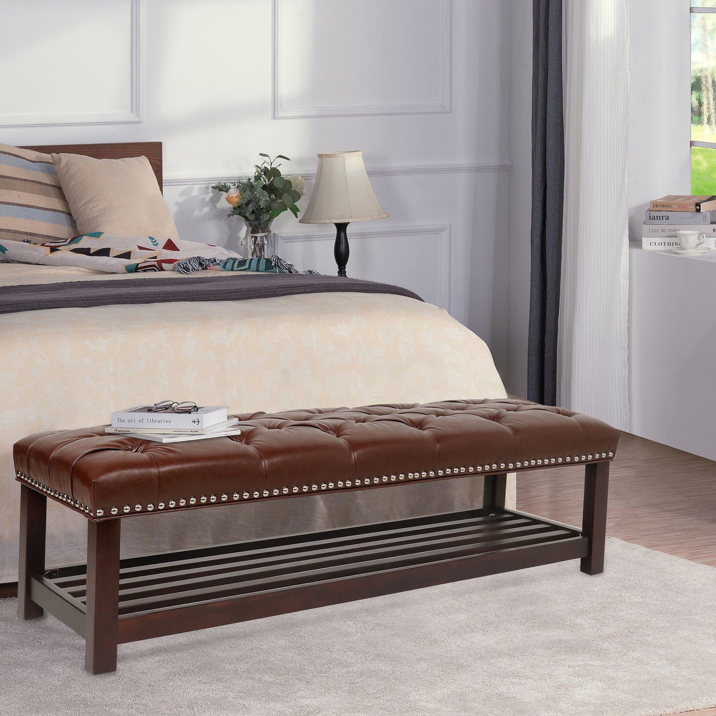 Bedroom End Of Bed Bench Tufted Upholstered End Of Bed Bench End Of Bed Entrance Shoe Bench, 60" With Nailhead Trim And Shelf Bedroom Upholstered Leather Bench Living Room Shoe Rack Footstool - Dark Brown