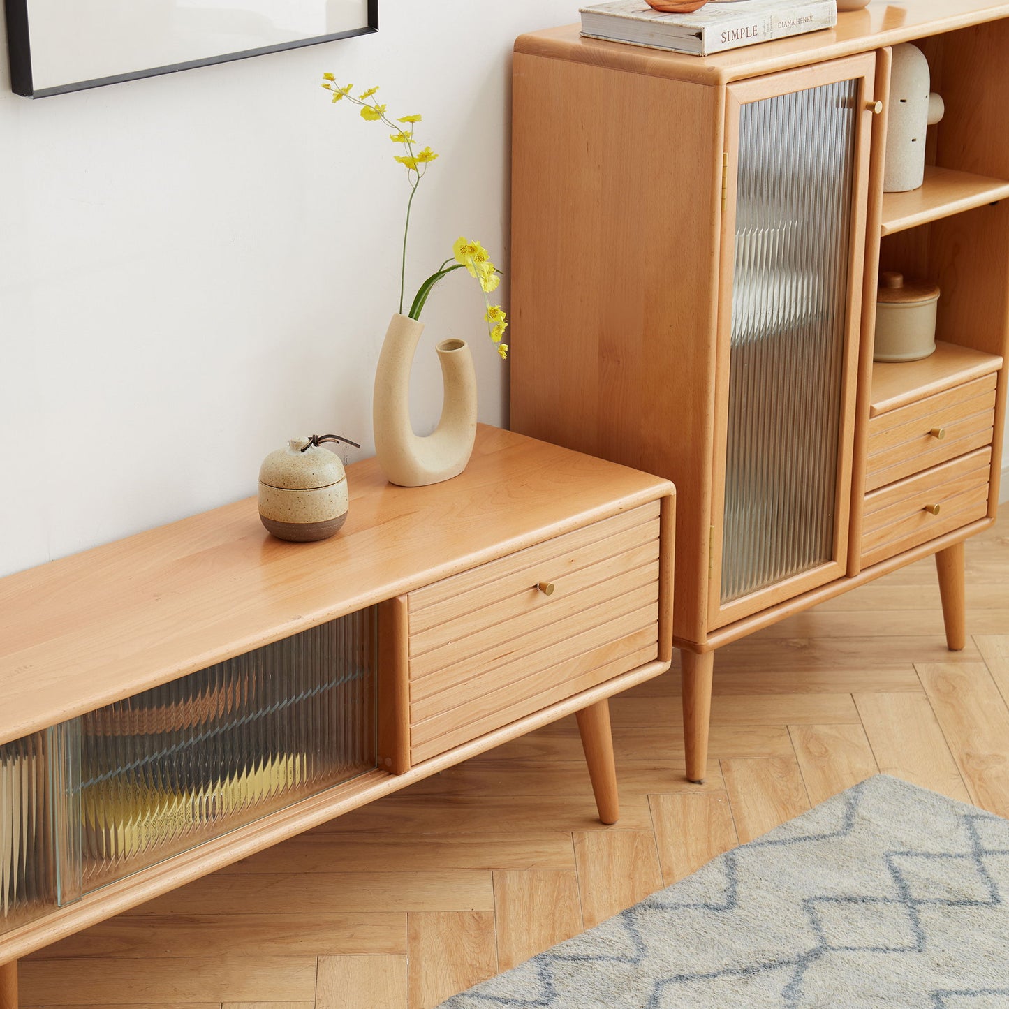 TV Cabinet With Chinese Changhong Glass Doors, Two Drawer Storage Space TV Standing - Natural