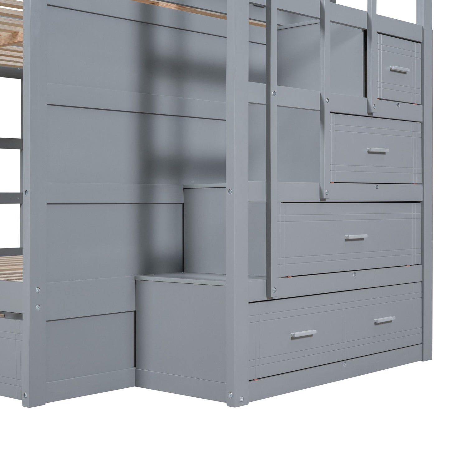 Full Over Full Bunk Bed With Twin Size Trundle And Staircase - Gray
