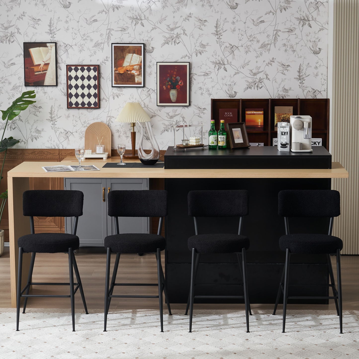 Modern Teddy Fabric Upholstered Bar Stools (Set of 2)- Black