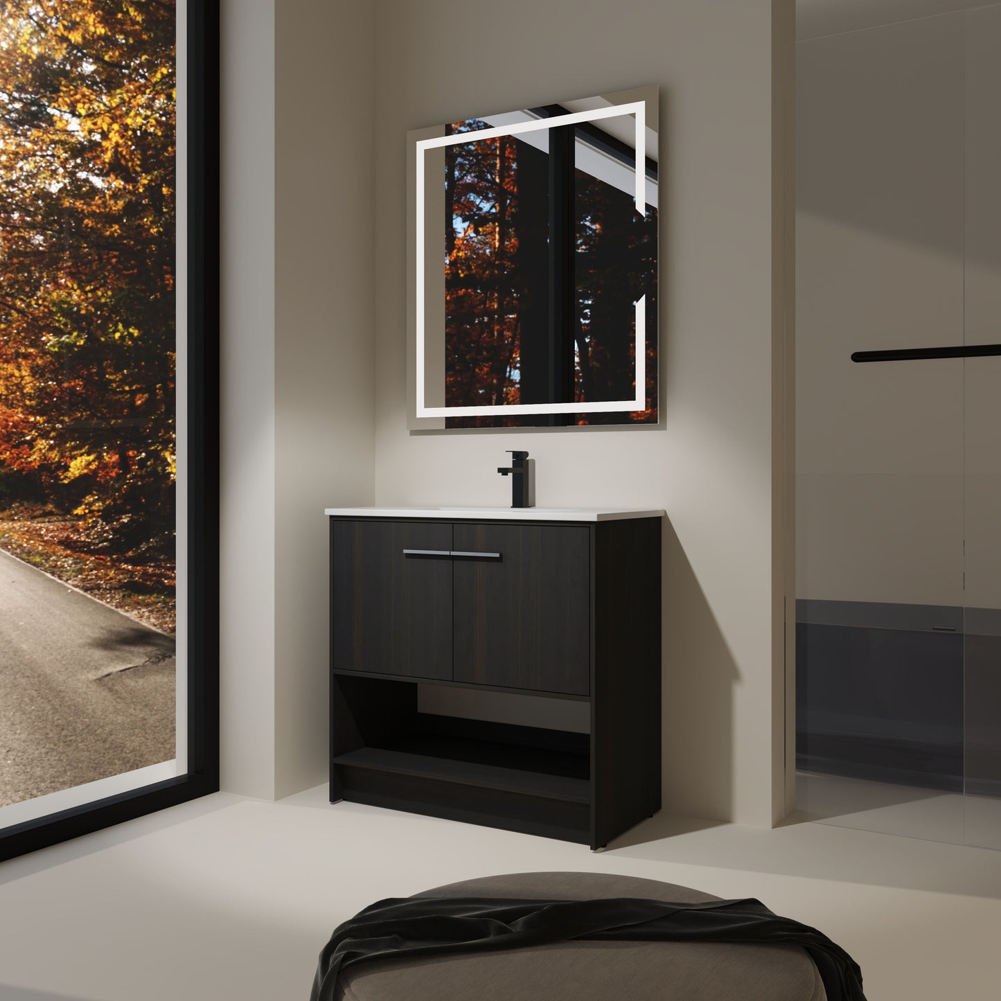 Modern 36" Bathroom Vanity With Ceramic Sink And Soft Closing Doors - Dark Oak