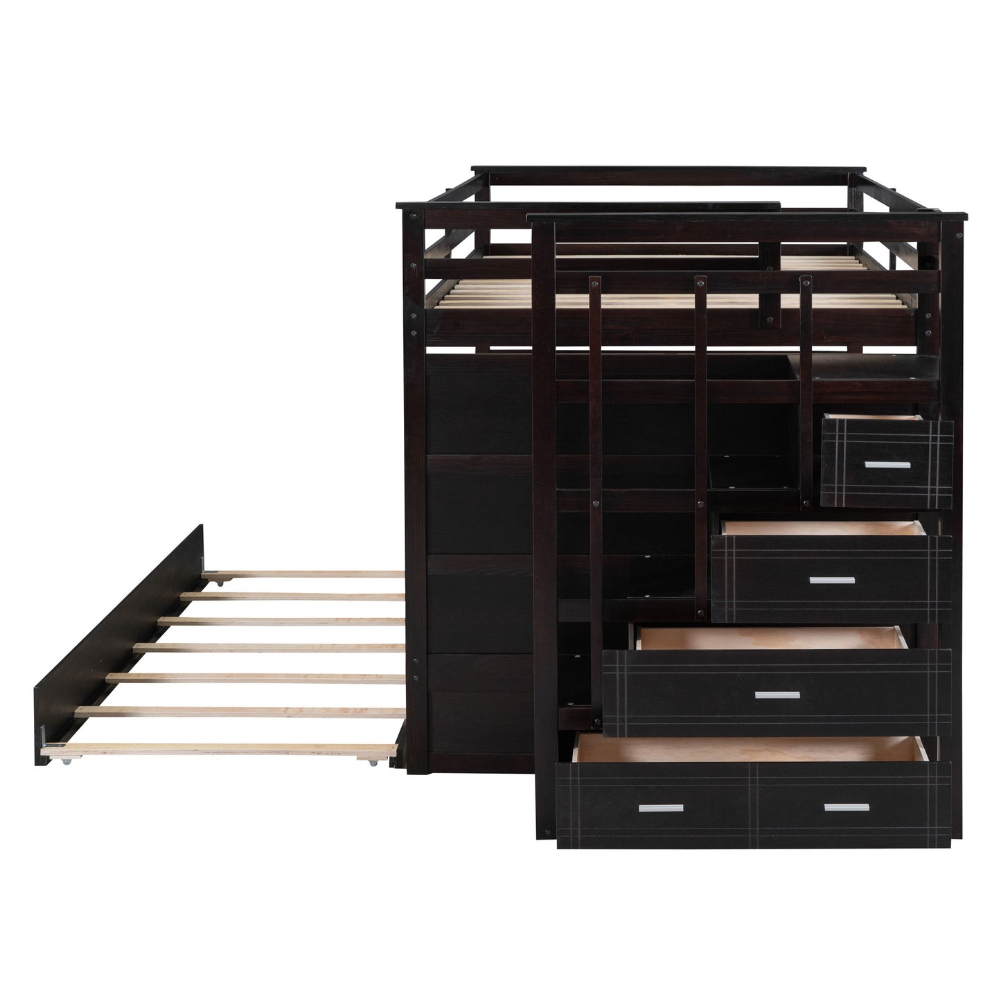 Full Over Full Bunk Bed With Twin Size Trundle And Staircase - Espresso