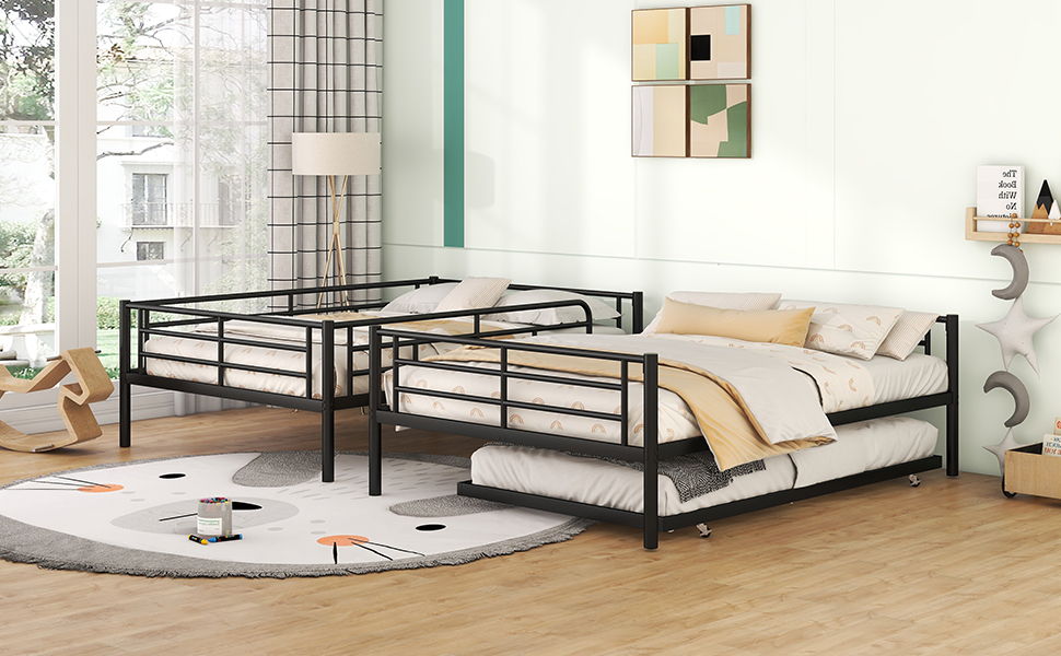 Full Over Full Metal Bunk Bed With Trundle - Black