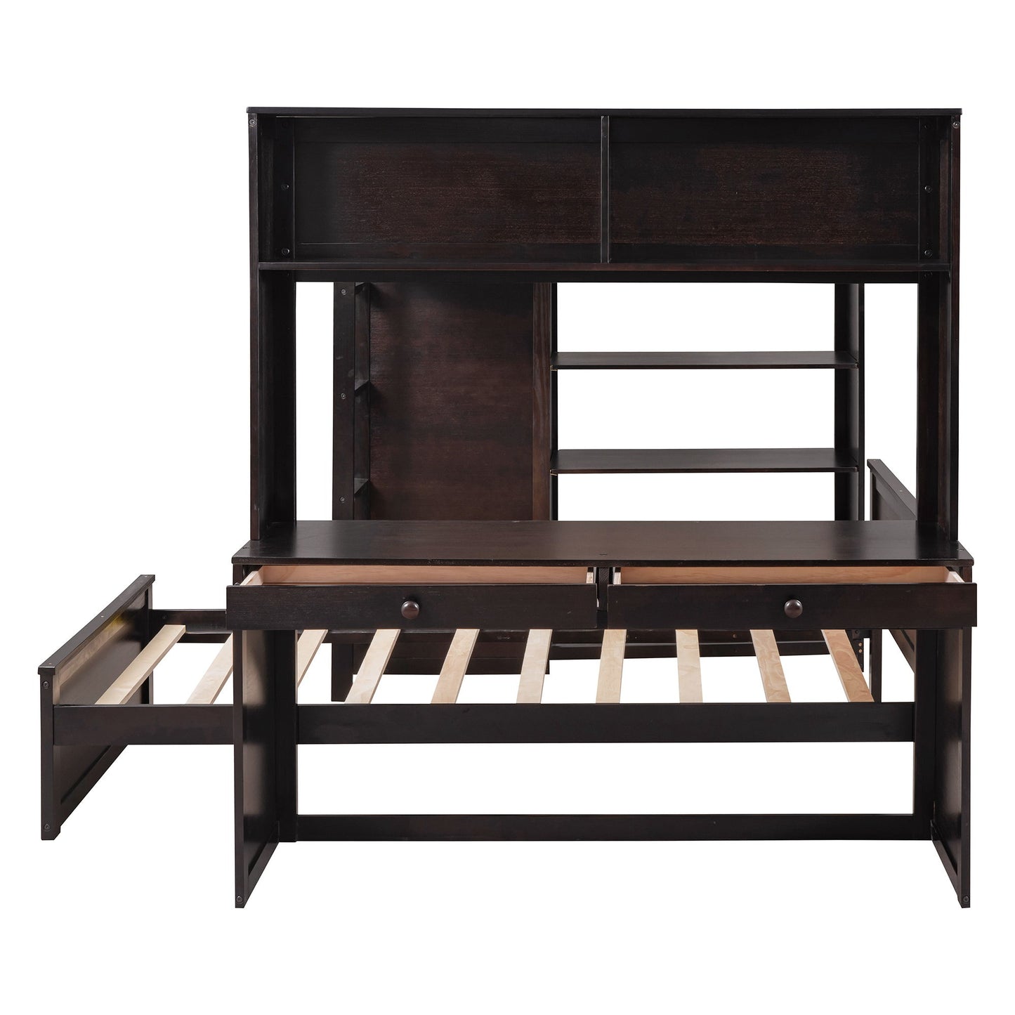 Full Size Loft Bed With A Twin Size Standalone Bed, Shelves, Desk, And Wardrobe - Espresso