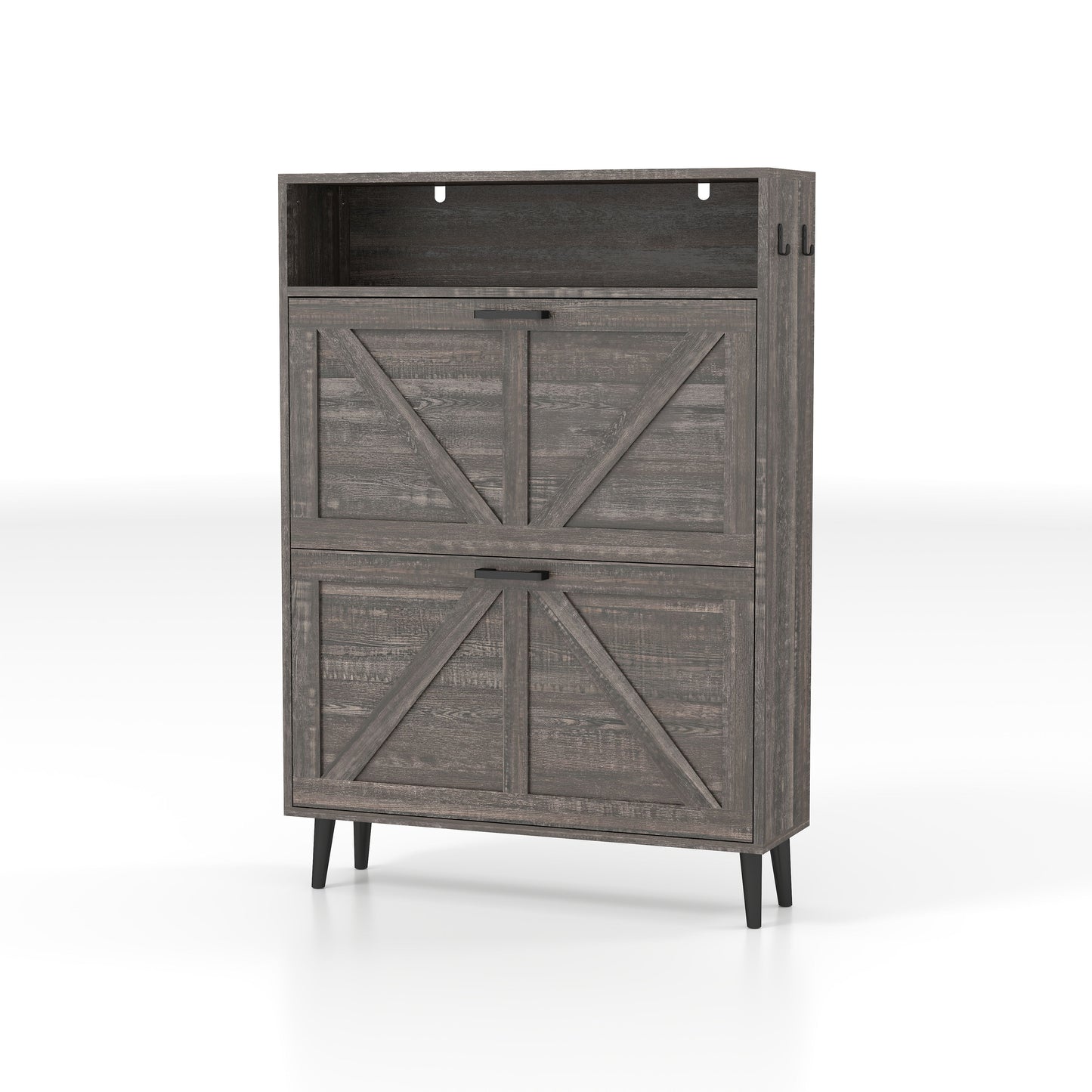 Farmhouse Shoe Storage Cabinet With Barn Door Design, 2 Flip Drawers, Hooks - Dark Oak