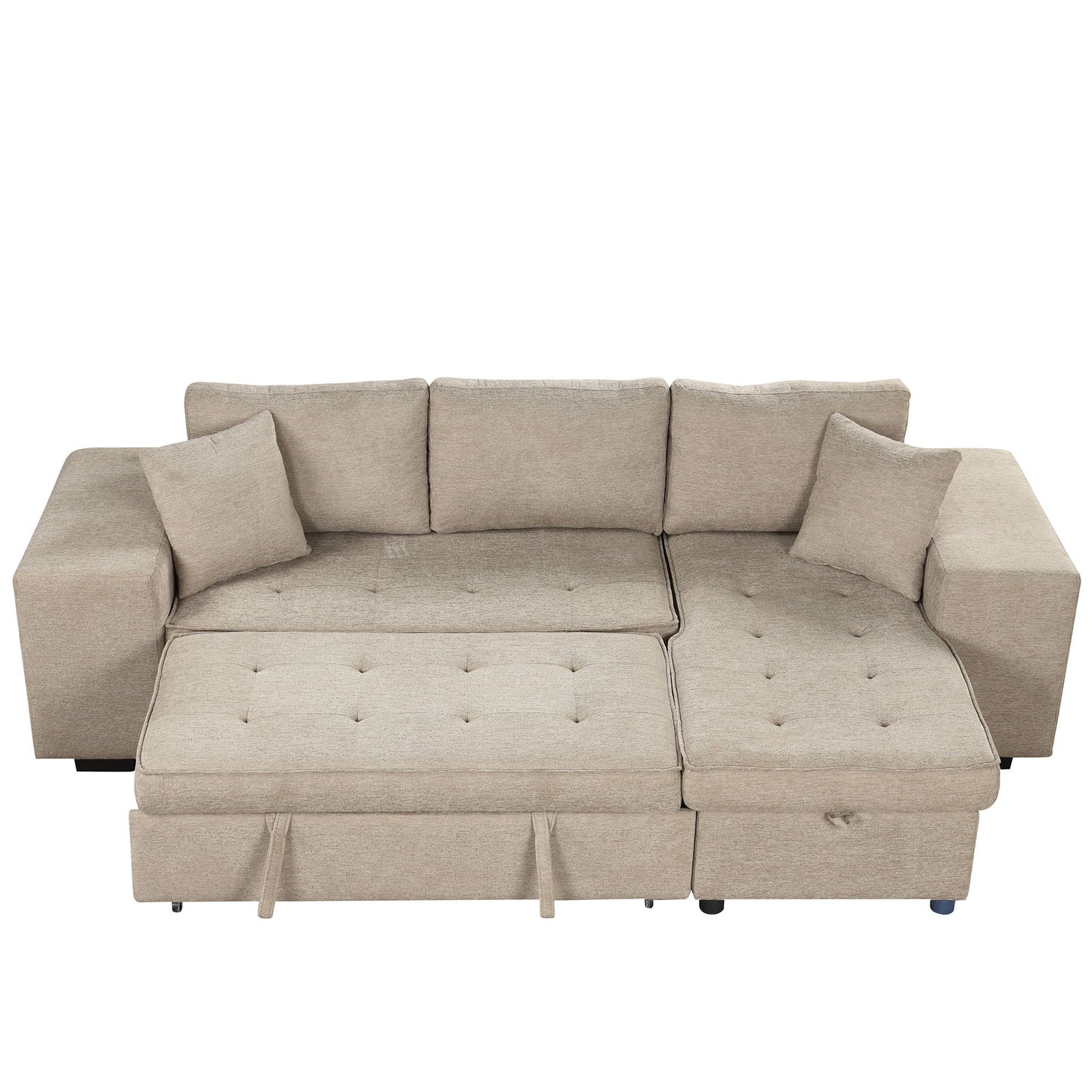Modern L-Shape 3 Seat Reversible Sectional Couch, Pull Out Sleeper Sofa With Storage Chaise And 2 Stools For Living Room Furniture Set - Cream