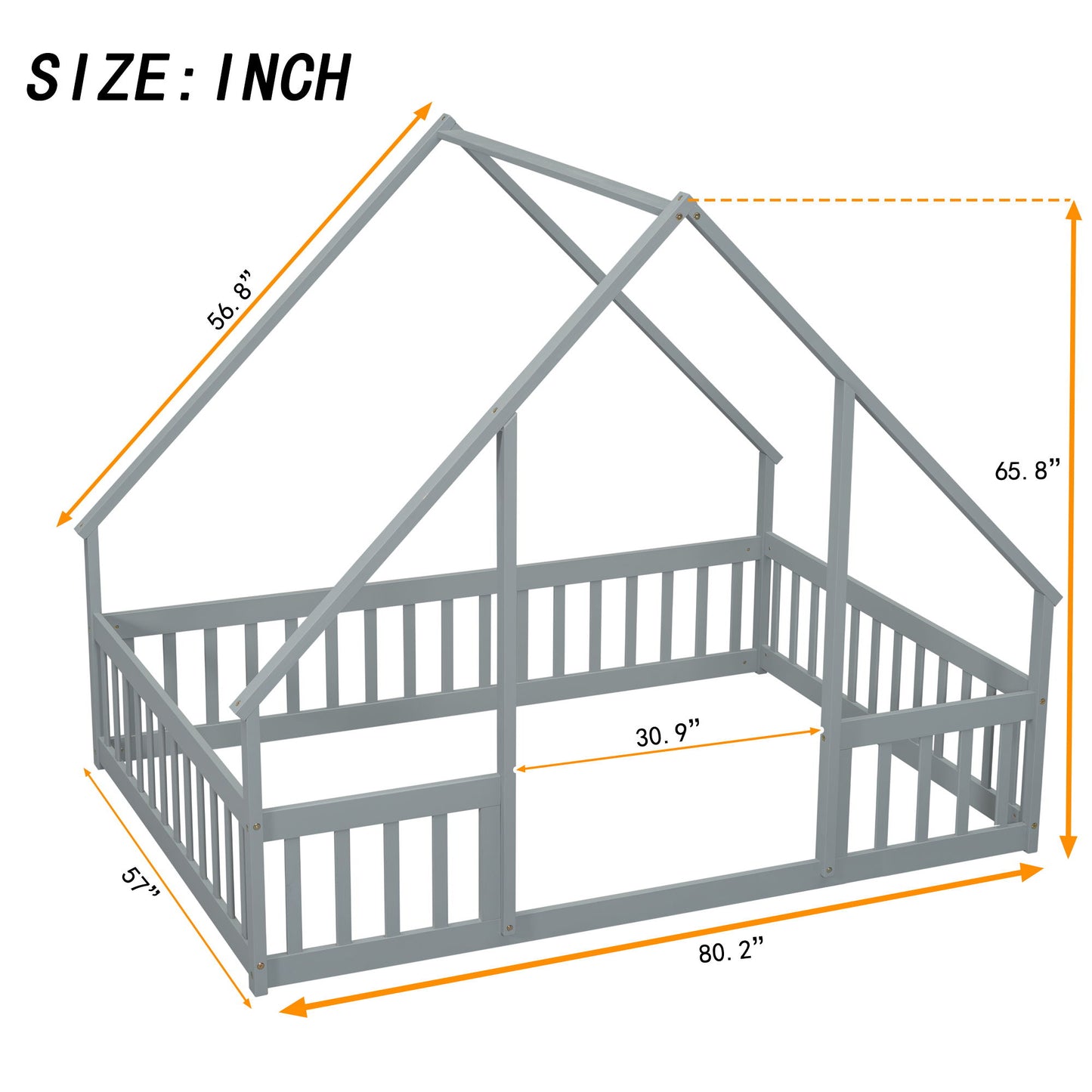 Full Wood House-Shaped Floor Bed With Fence, Guardrails - Gray