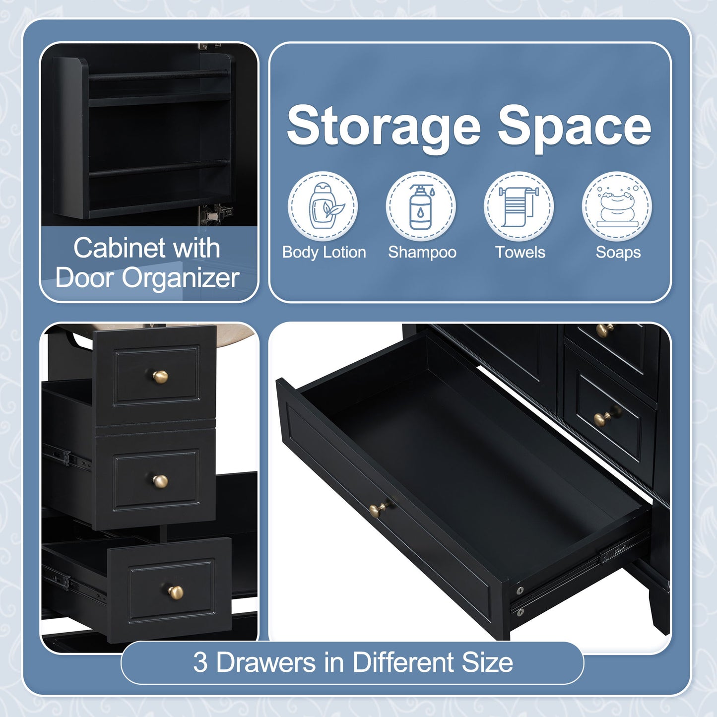 30" Bathroom Vanity With Sink, 1 Door With Shelf And 3 Drawers, Soft Close Door - Black