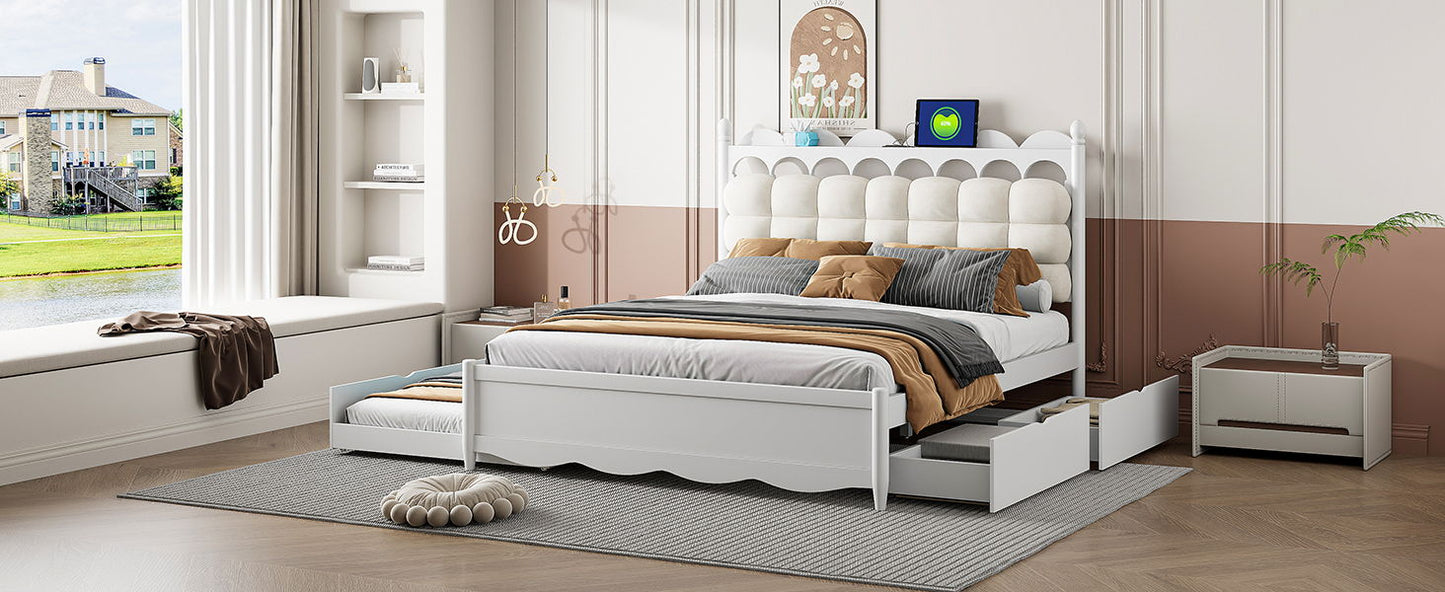 Queen Size Storage Platform Bed, With 2 Big Drawers, Twin Long Size Trundle, One Set Of Sockets & USB Ports - White