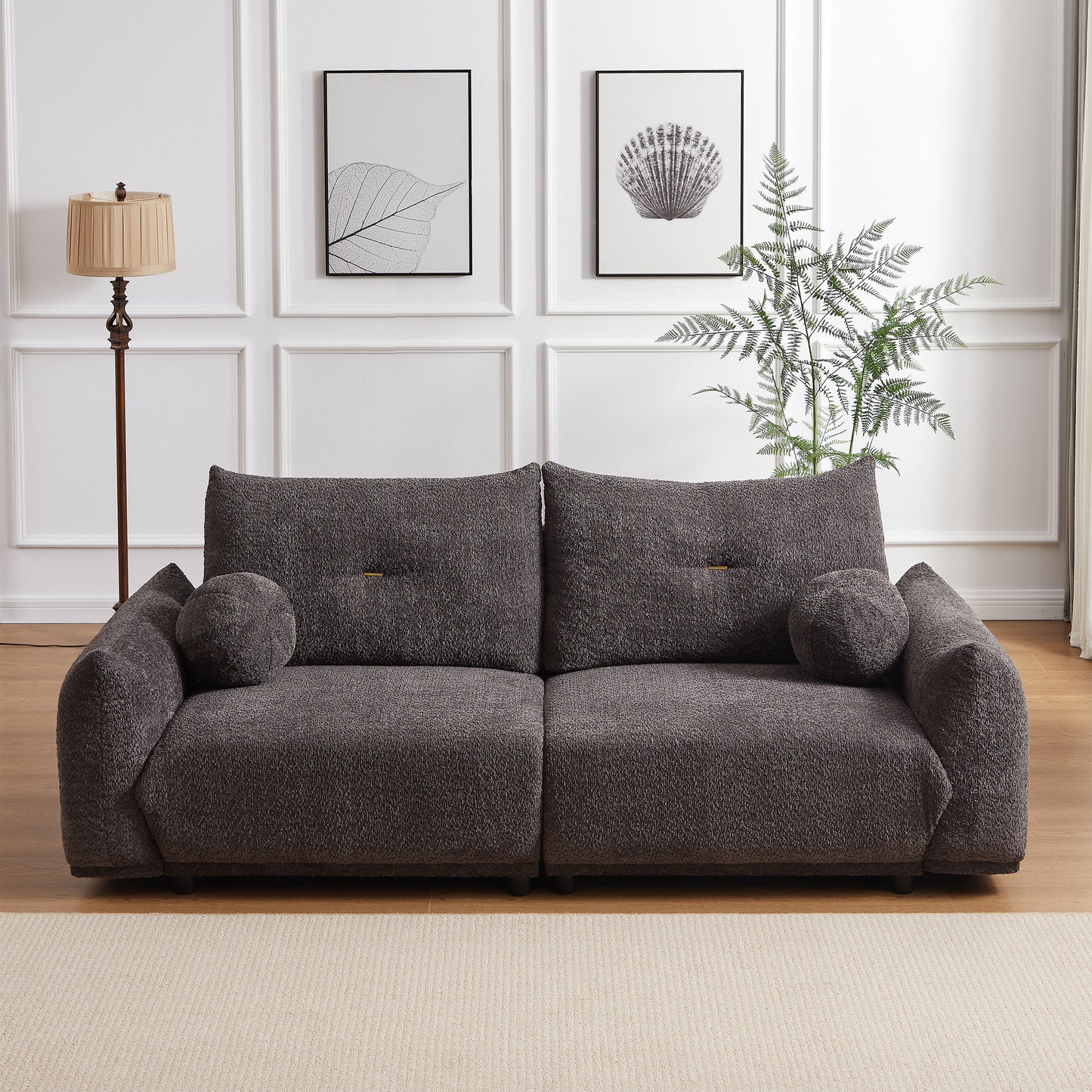 Lamb's Wool 2 Seater Cushion Sofa Comfortable Sofa For Living Room Bedroom And Other Casual Spaces Lamb's Wool Sofa With 2 Cushions And 2 Ball Pillows (Set of 2) - Gray
