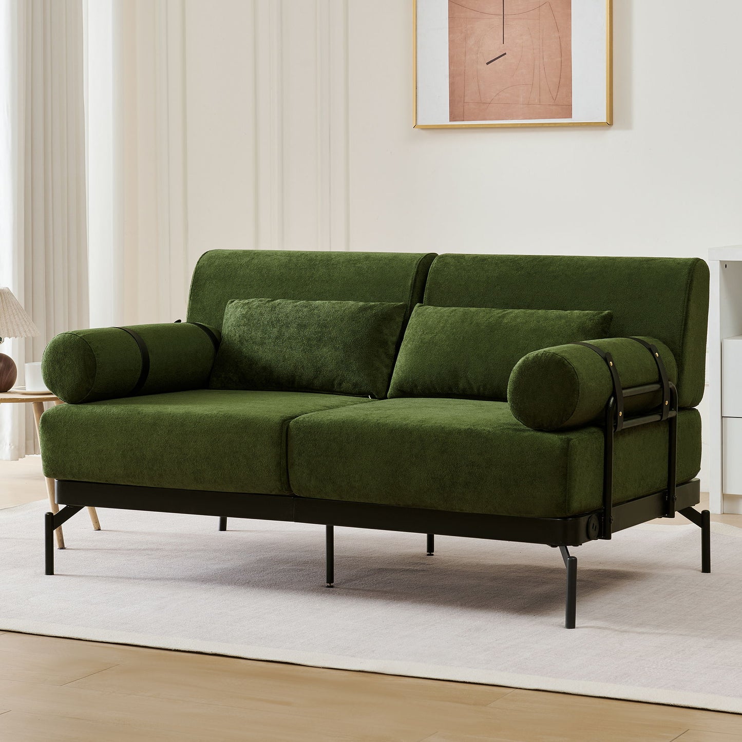 Modern Loveseat Sofa 2 Seater With USB Ports, Cylindrical Armrests - Green