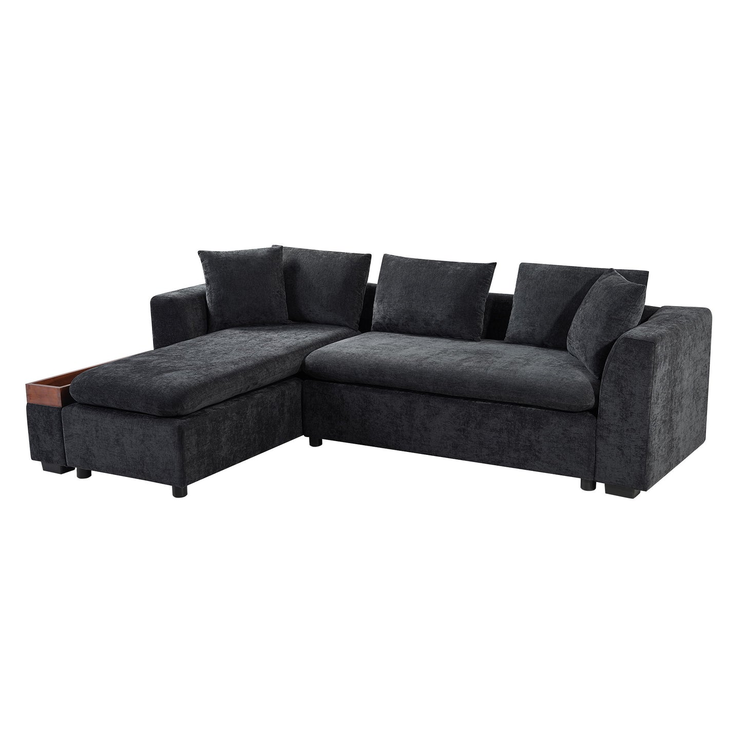 Modern L Shaped Sectional Sofa With Chenille Upholstery And Wooden Storage - Black