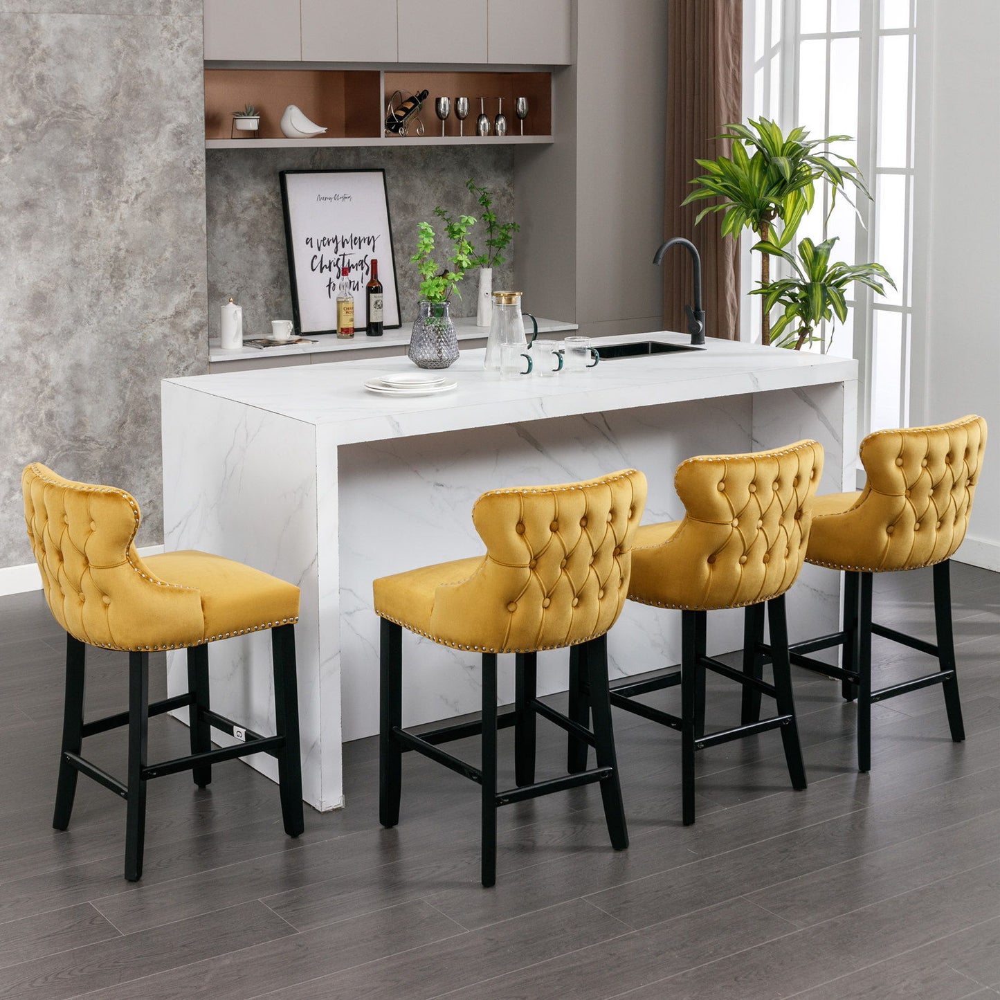 Contemporary Velvet Upholstered Wing-Back Barstools With Button Tufted Decoration And Wooden Legs, And Chrome Nailhead Trim, Leisure Style Bar Chairs, Bar Stools (Set of 2) - Gold