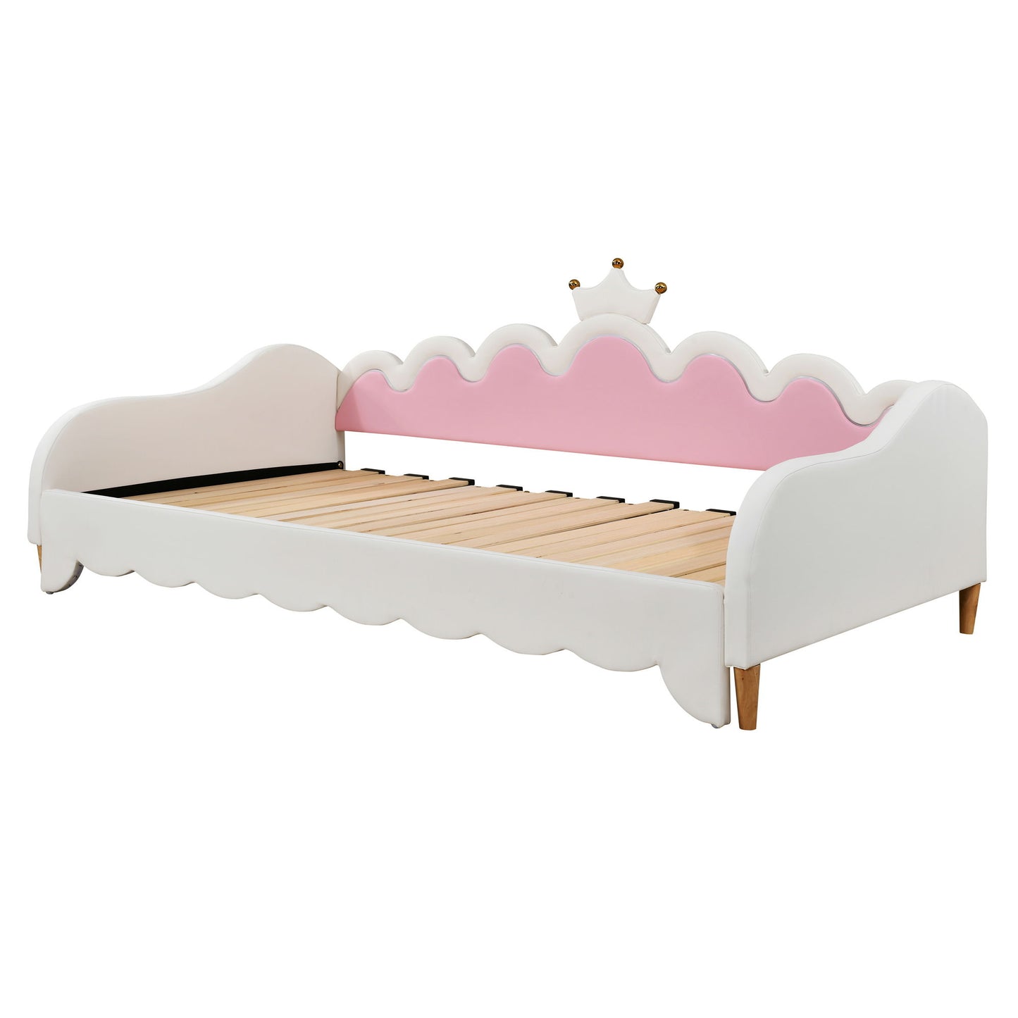 Twin Extending Daybed With LED Lights, Modern Upholstered Princess Daybed With Crown Headboard - White