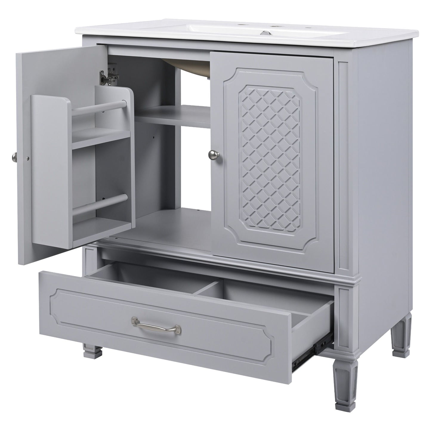 Vintage Style 30" Bathroom Vanity With Sink, Multi Functional Storage, Soft Closing Door - Gray