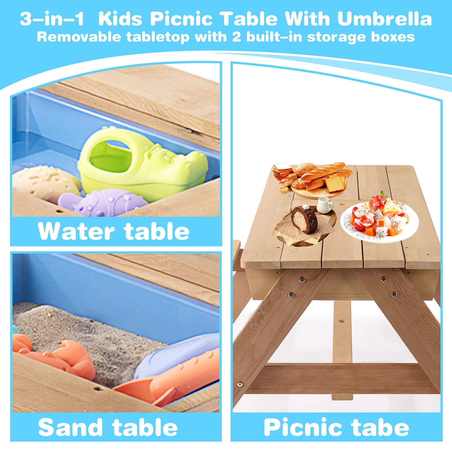 3-In-1 Kids Outdoor Wooden Picnic Table With Umbrella, Convertible Sand & Water, ASTM & CPSIA Certification - Natural Wood