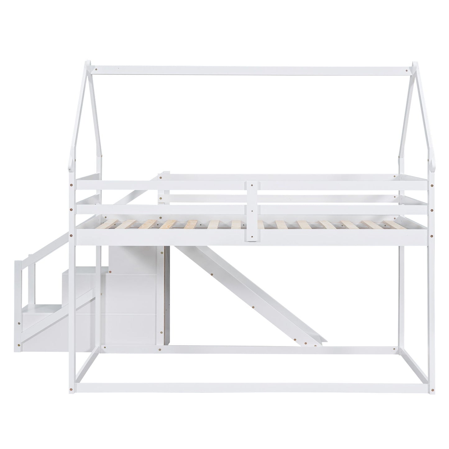 Twin Over Twin House Loft Or Bunk Bed With Slide And Staircase - White