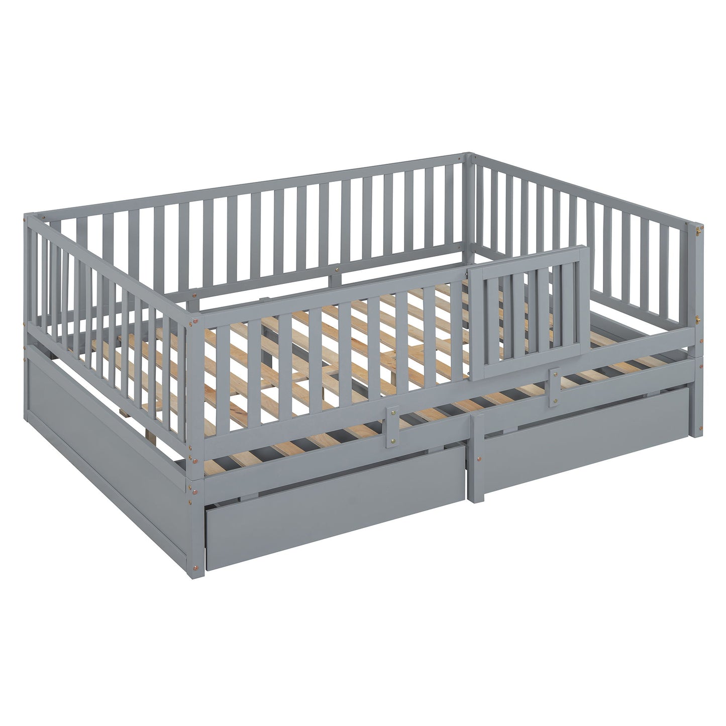 Full Size Daybed With Fence Guardrails And 2 Drawers - Gray