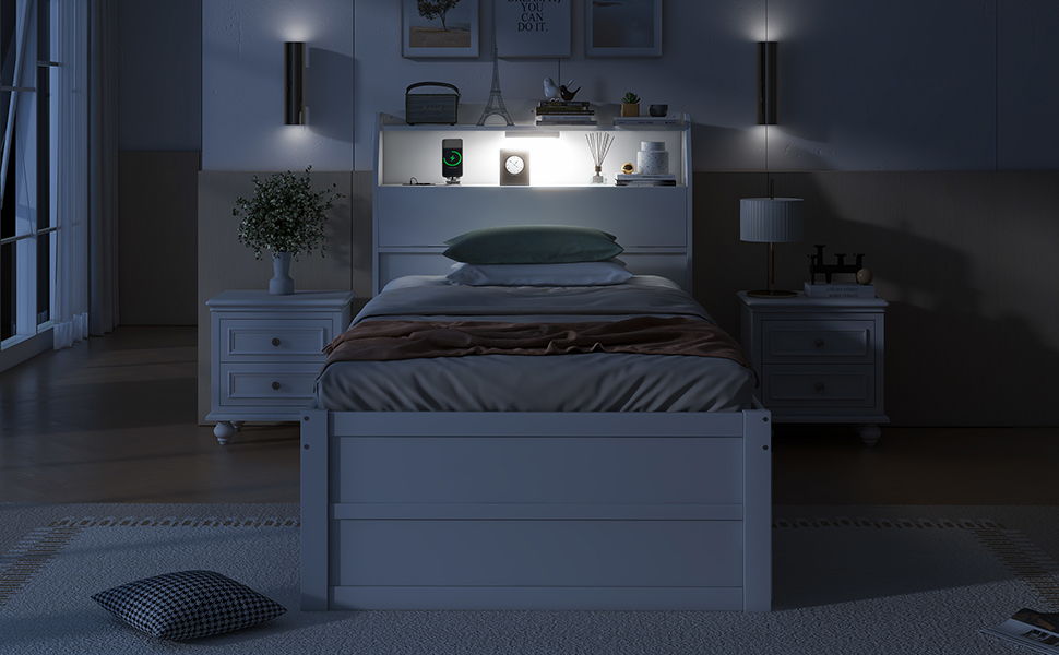 Twin Size LED Platform Bed With Trundle With Storage Headboard With Drawers - White