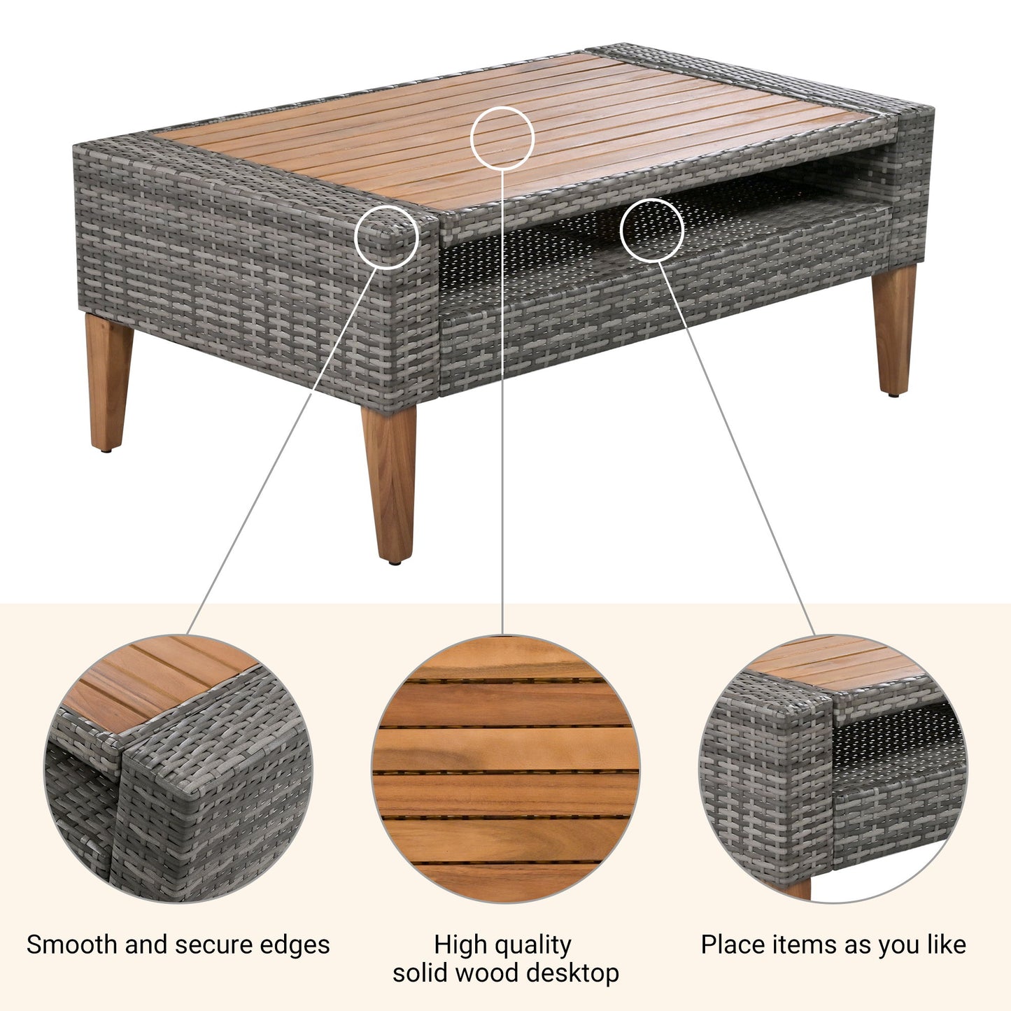 6 Pieces All Weather Sofa Set, Outdoor Rattan Sofa With Double Cushions, Wood Legs Wood Table Top - Beige / Gray
