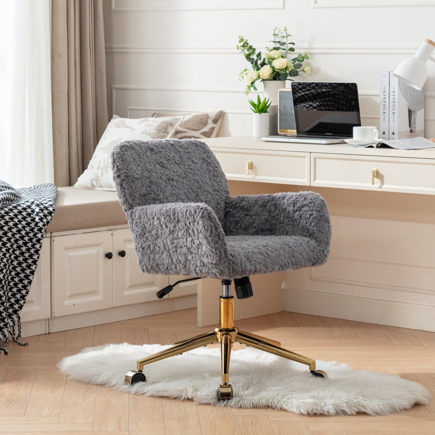 Office Chair, Artificial Rabbit Hair Home Office Chair With Golden Metal Base, Adjustable Desk Chair Swivel Office Chair, Vanity Chair - Gray