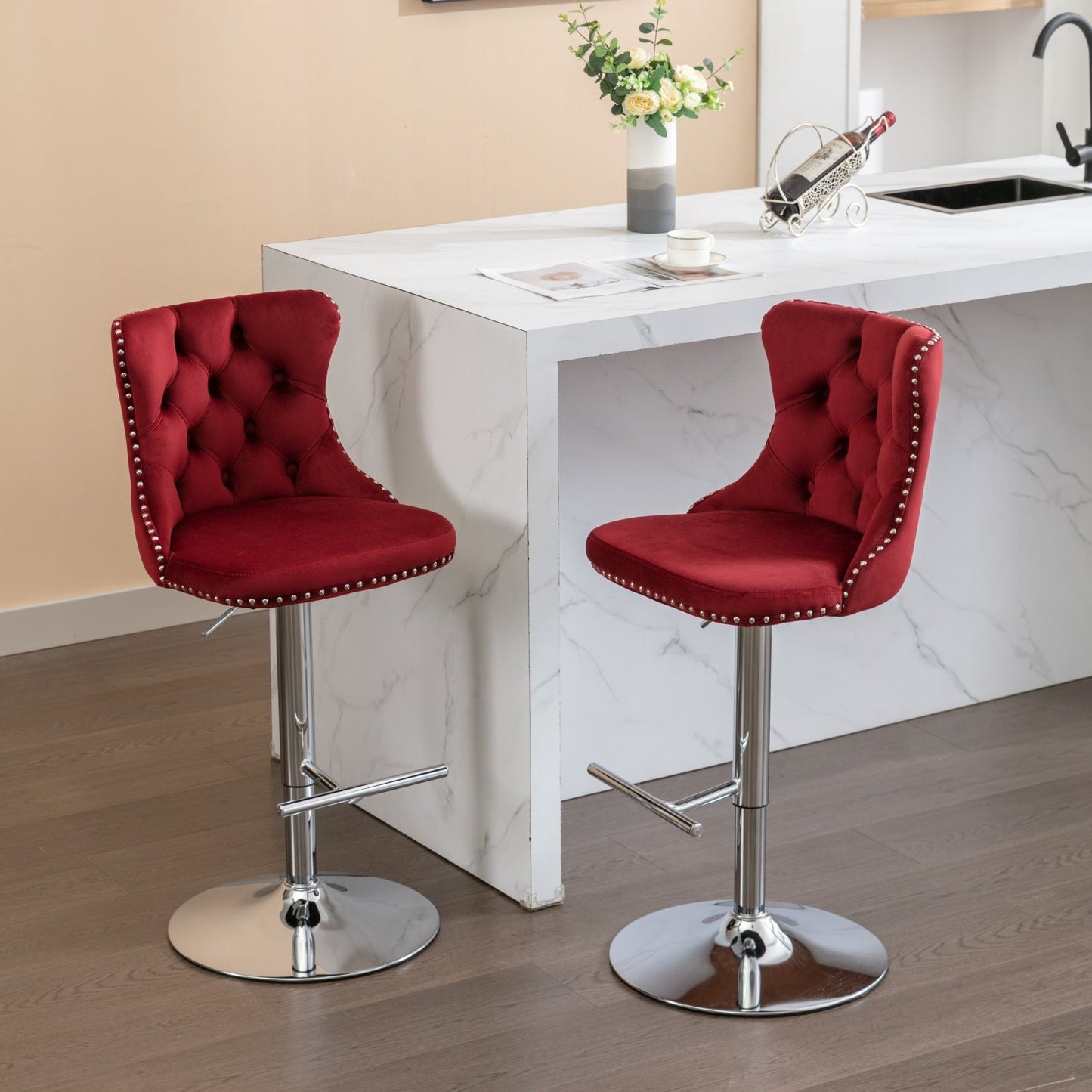 Swivel Velvet Barstools Adjusatble Seat Height From 25-33", Chrome Base Bar Stools With Backs Comfortable Tufted For Home Pub And Kitchen Island, 1712Wr (Set of 2) - Wine Red / Burgundy